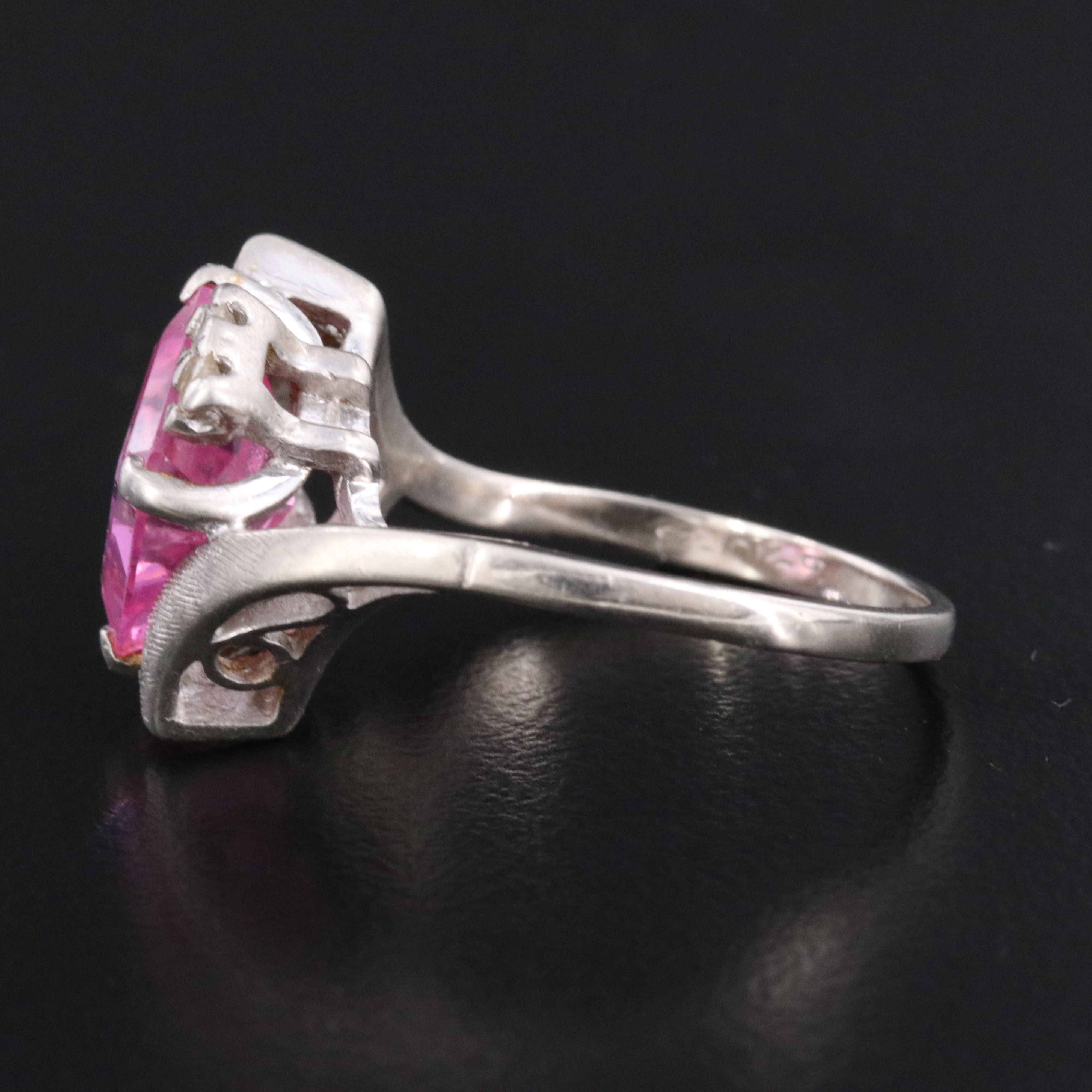 Vintage 10K Pink Sapphire and White Spinel Ring with Florentine Detail