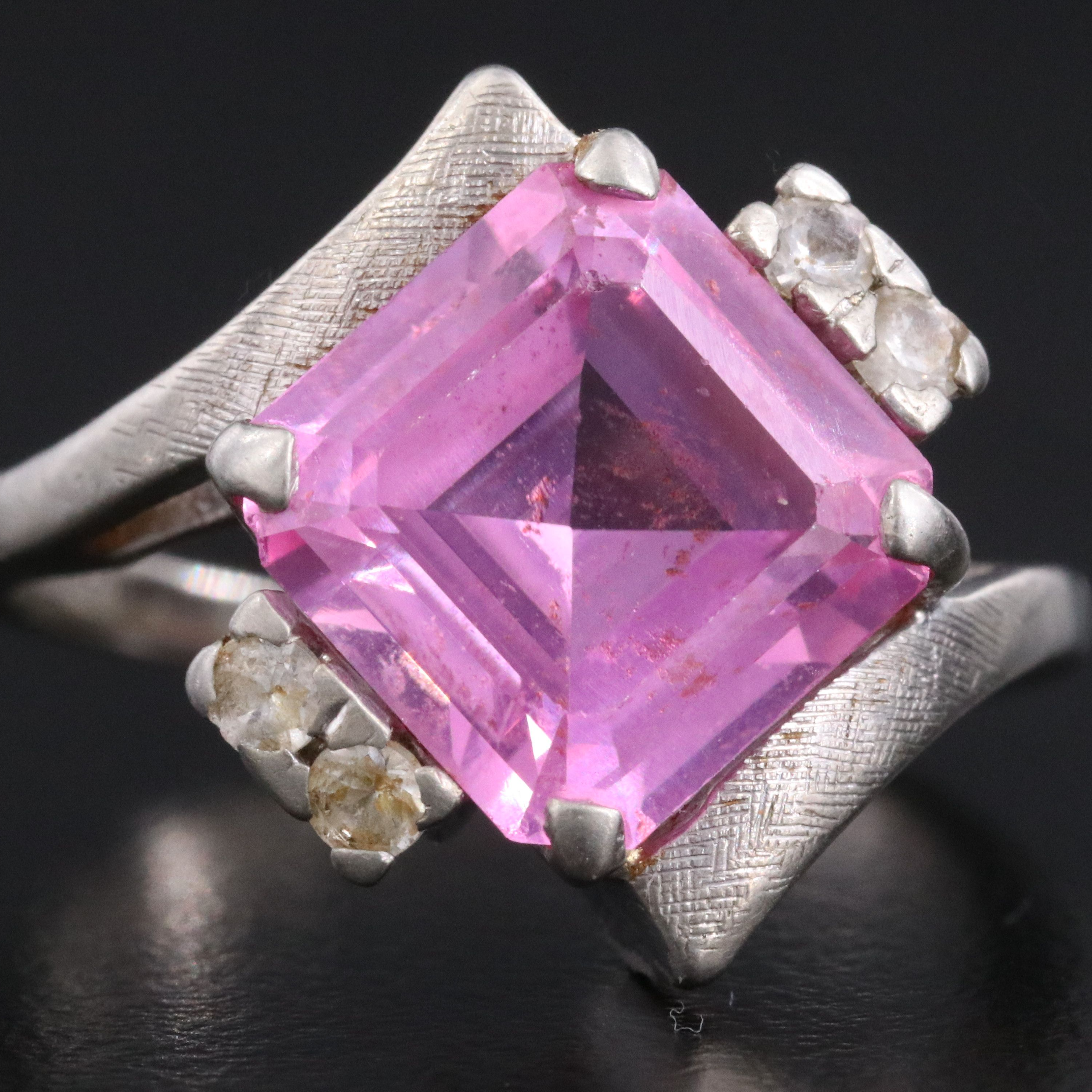 Vintage 10K Pink Sapphire and White Spinel Ring with Florentine Detail