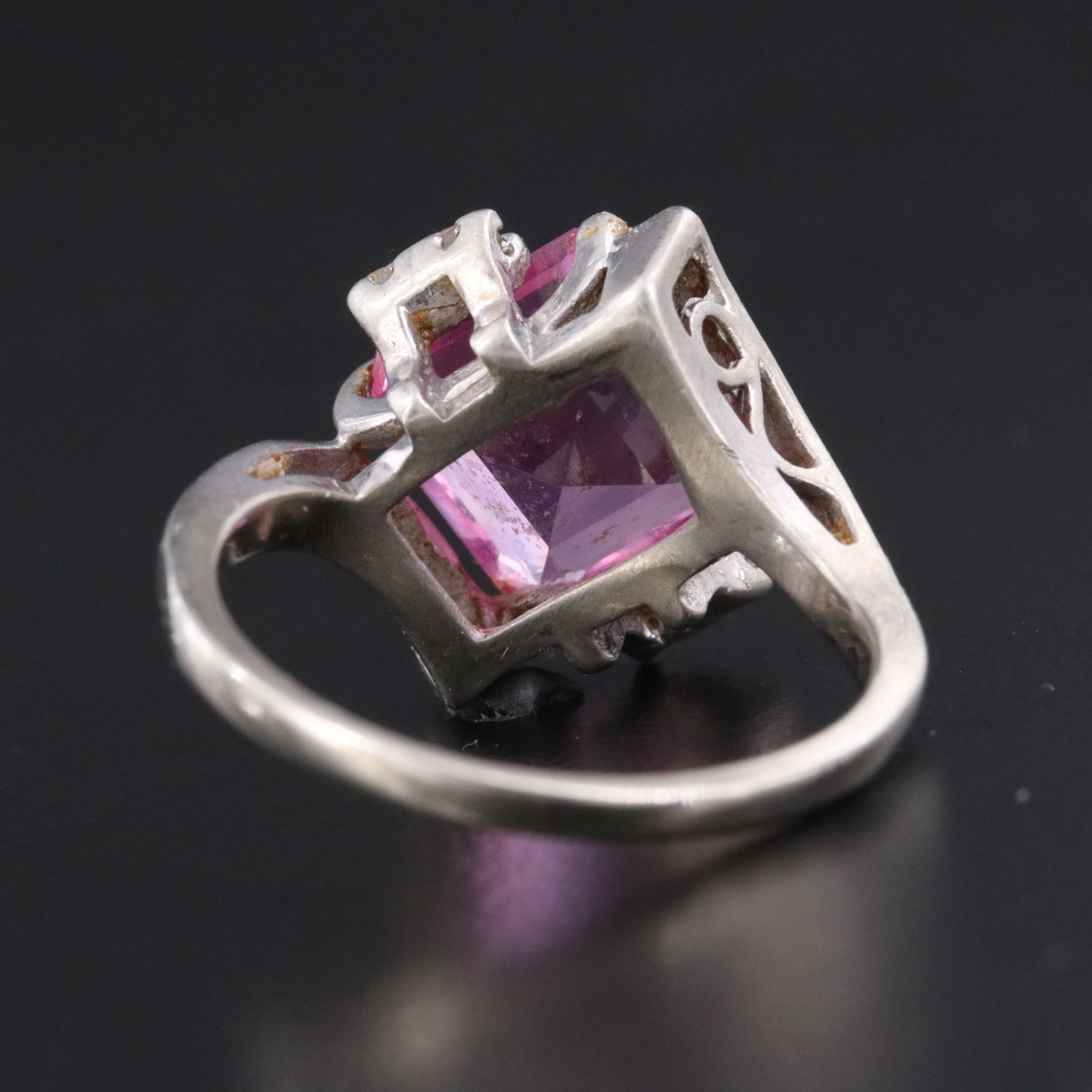 Vintage 10K Pink Sapphire and White Spinel Ring with Florentine Detail