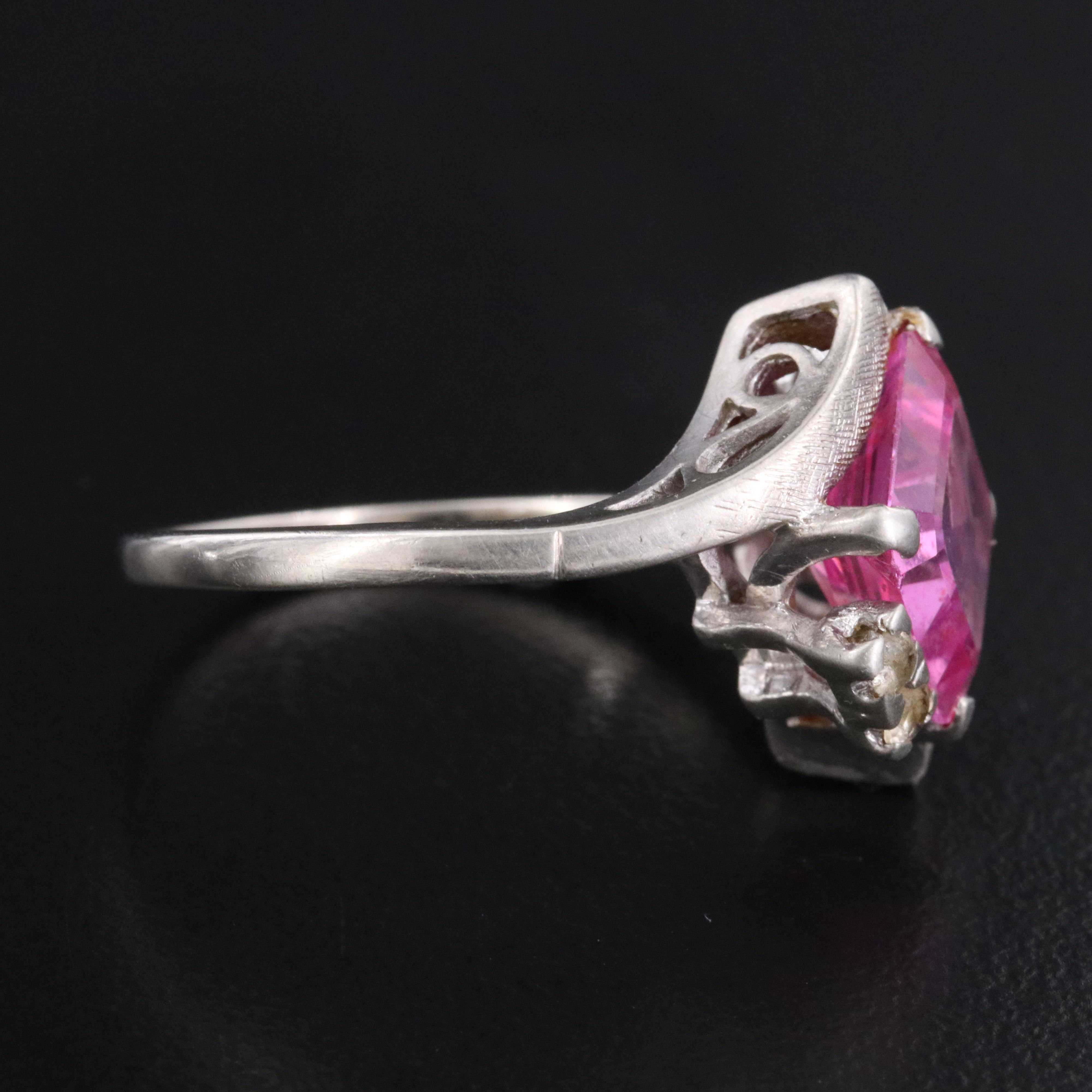 Vintage 10K Pink Sapphire and White Spinel Ring with Florentine Detail