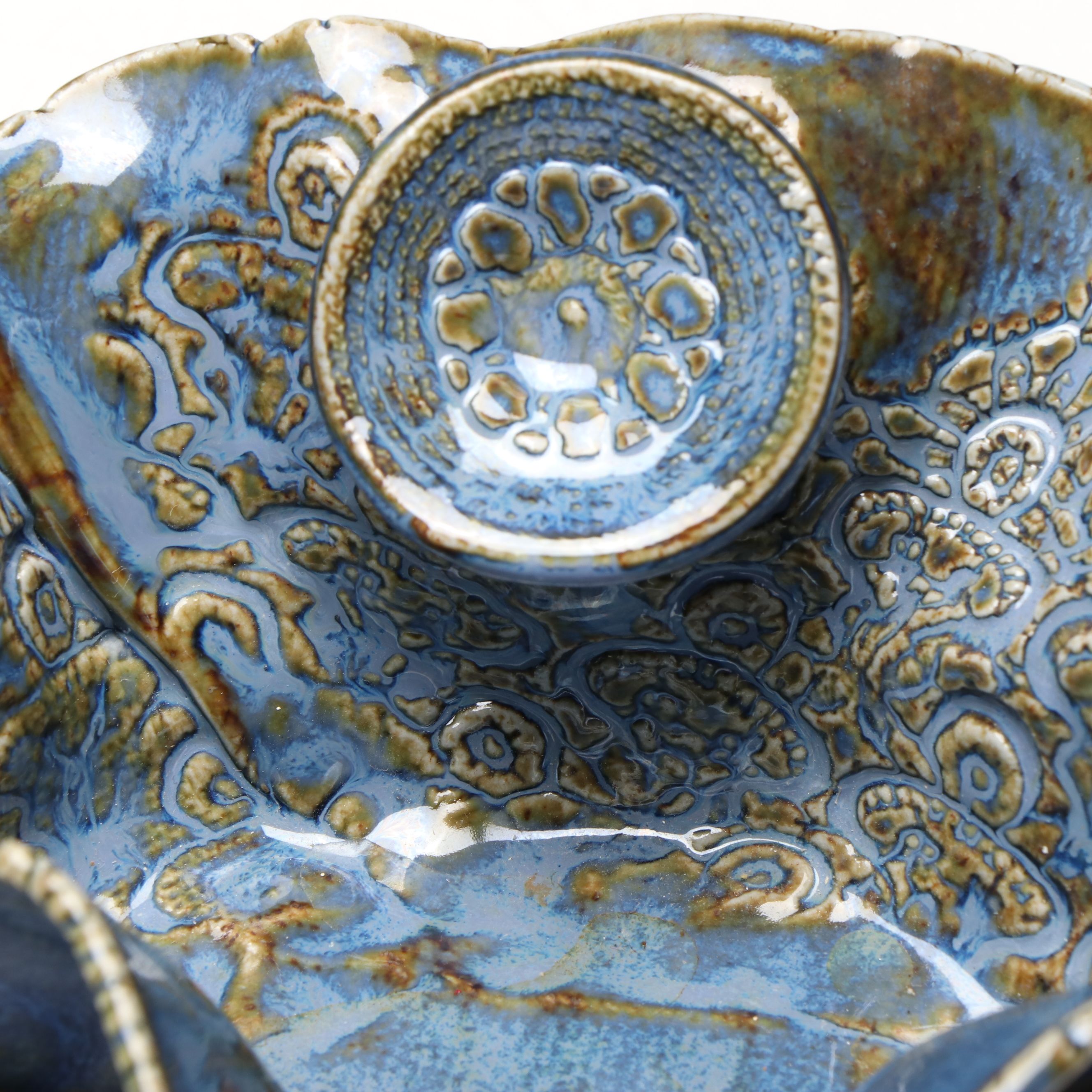 Larry Spears Drip Glaze Flower Frog with Other Art Pottery Frog and Bowl