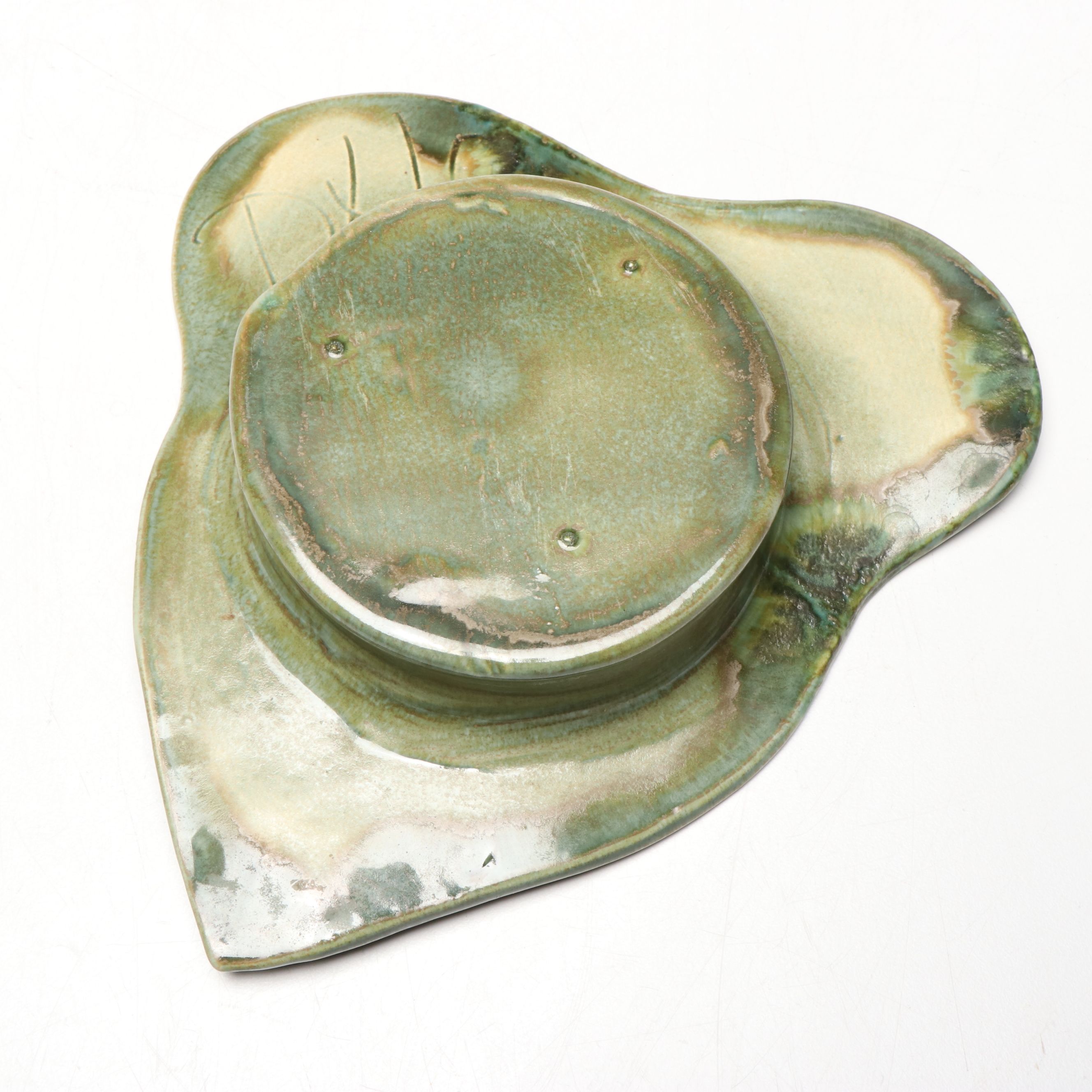 Larry Spears Drip Glaze Flower Frog with Other Art Pottery Frog and Bowl