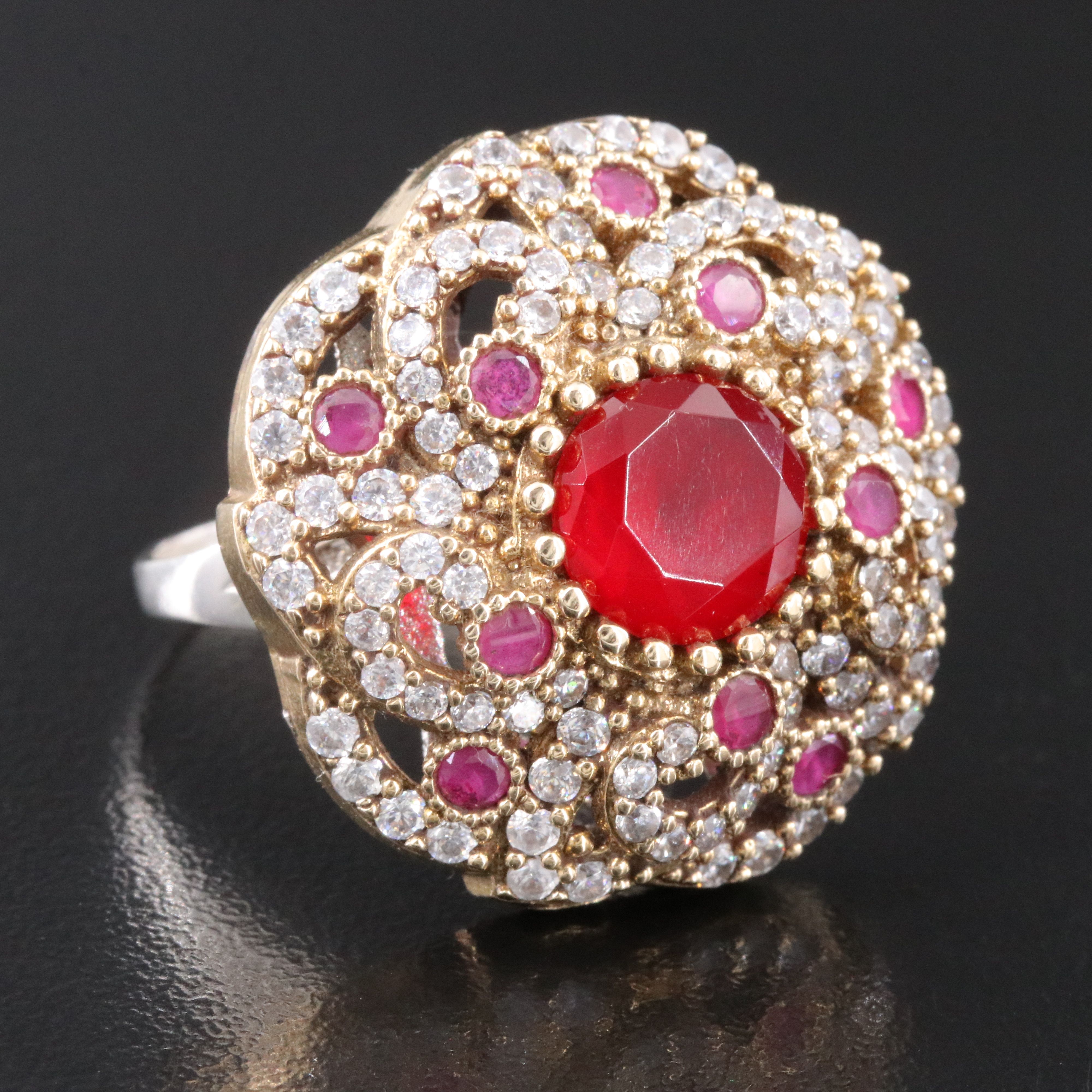 Sterling Glass, CZ and Ruby Ornate Ring
