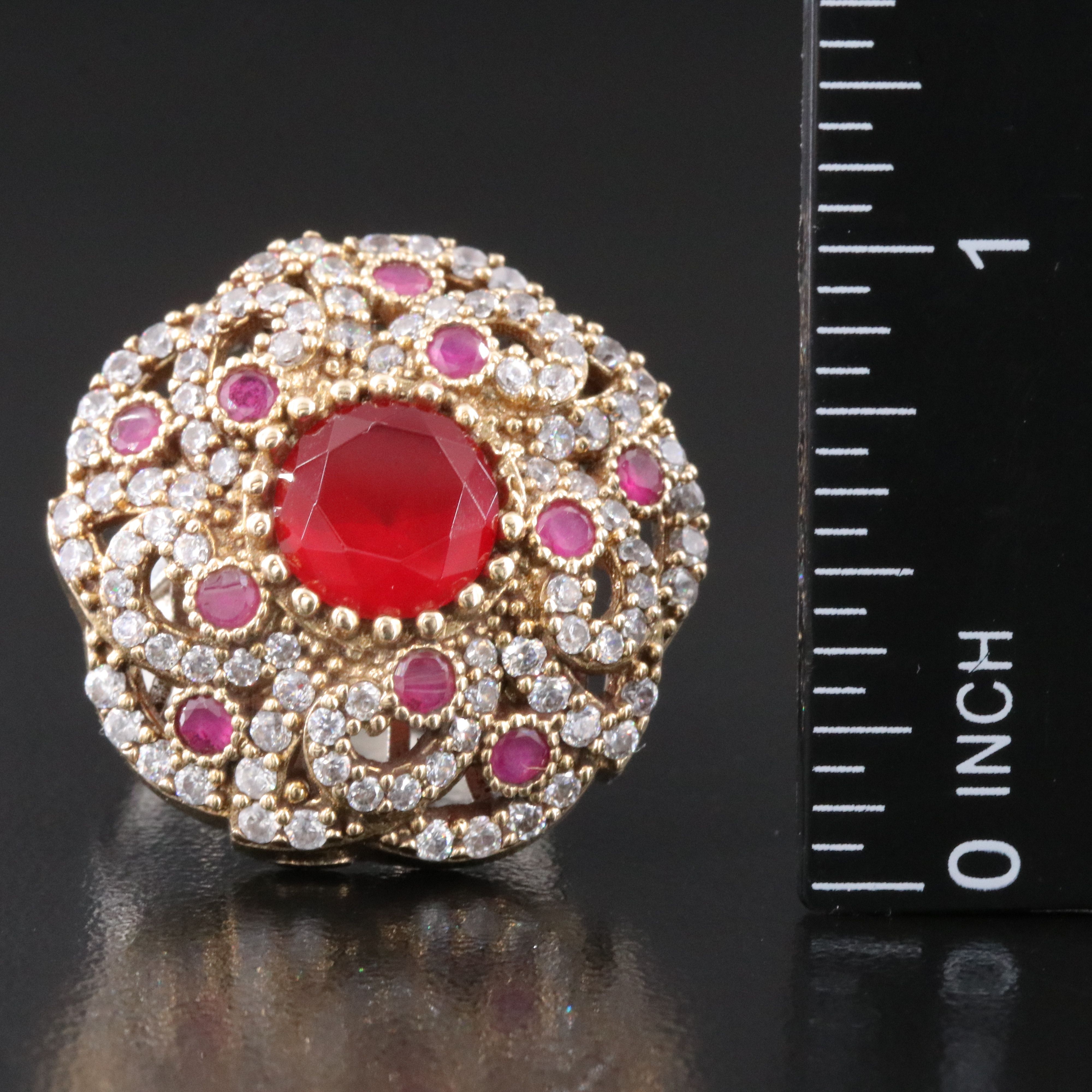 Sterling Glass, CZ and Ruby Ornate Ring