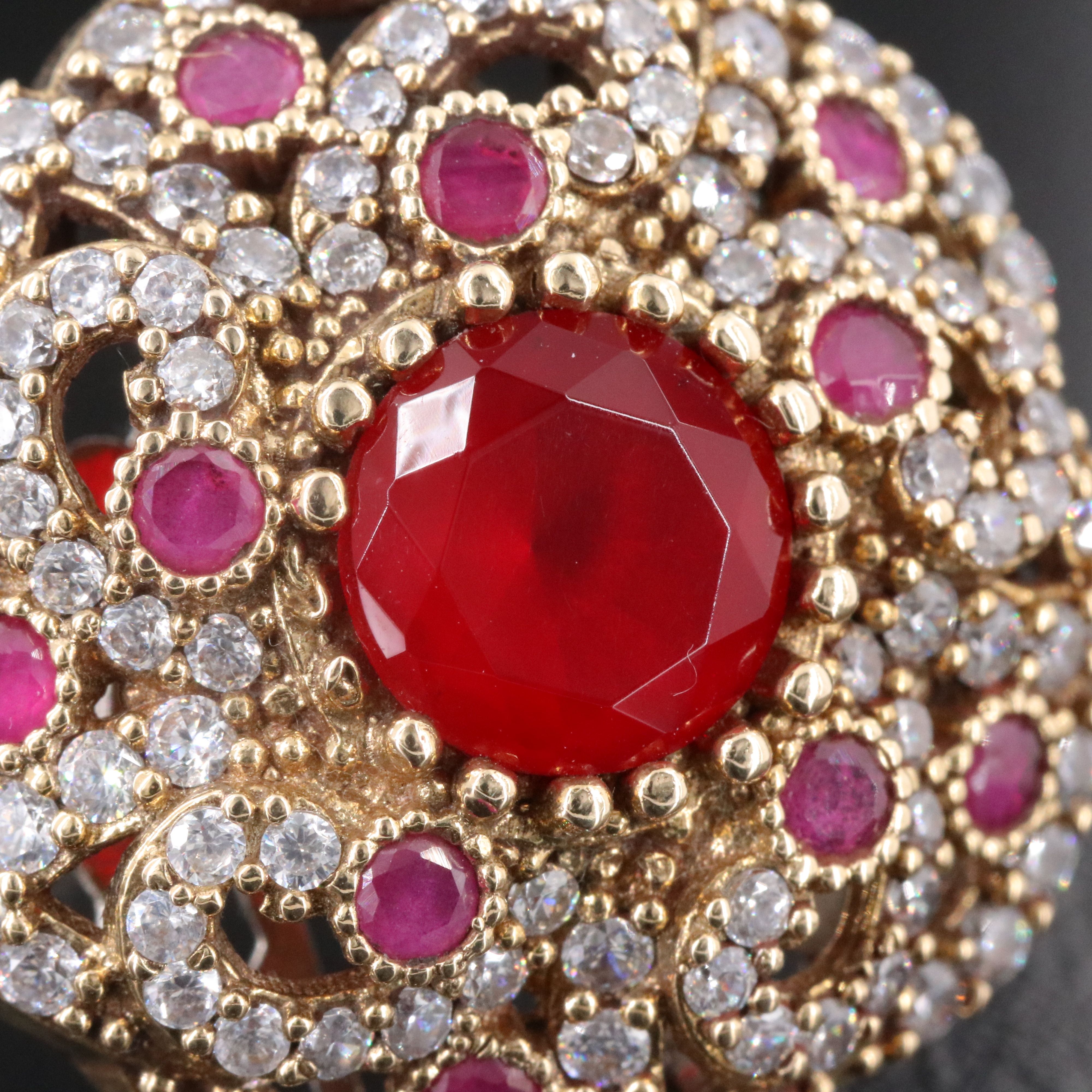 Sterling Glass, CZ and Ruby Ornate Ring