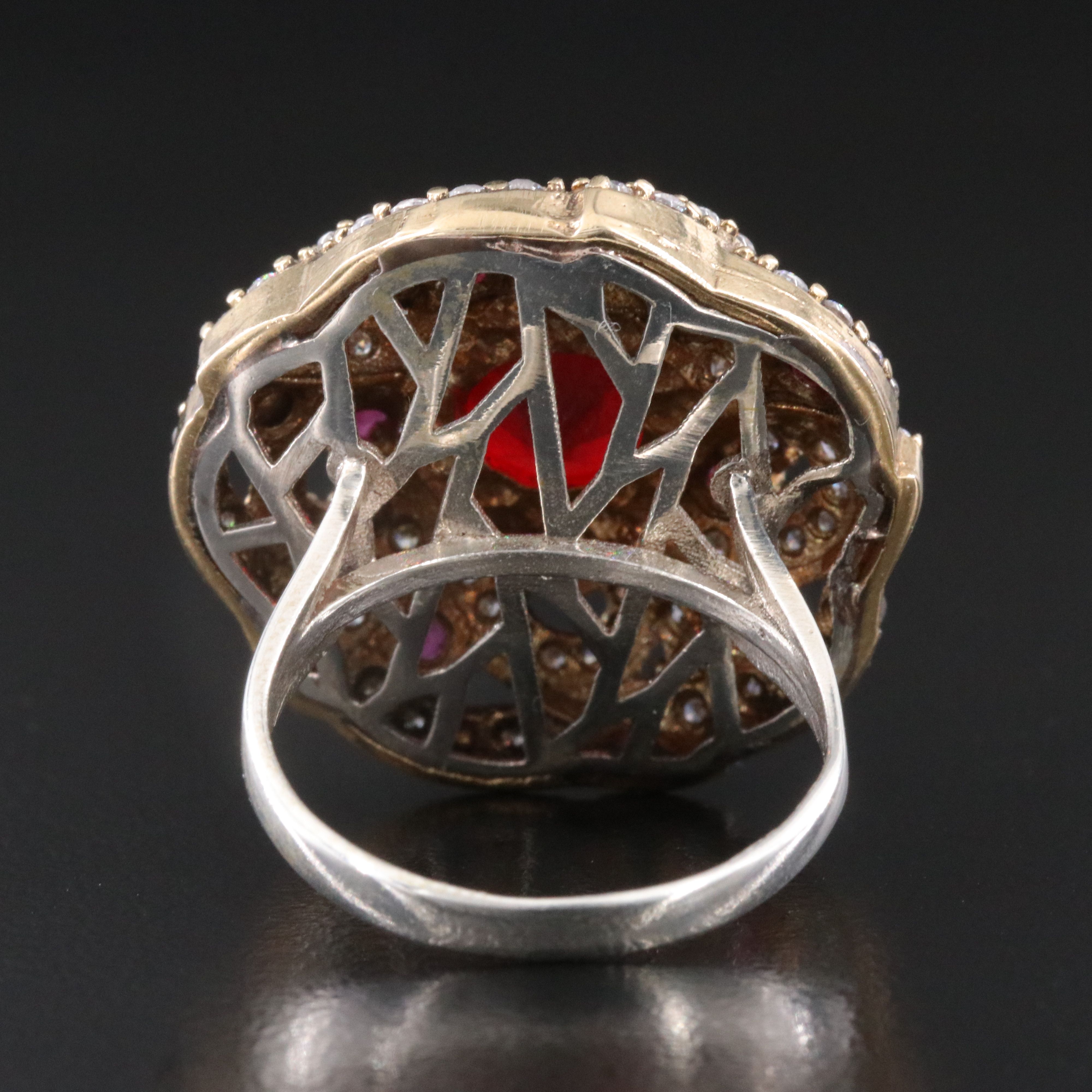 Sterling Glass, CZ and Ruby Ornate Ring