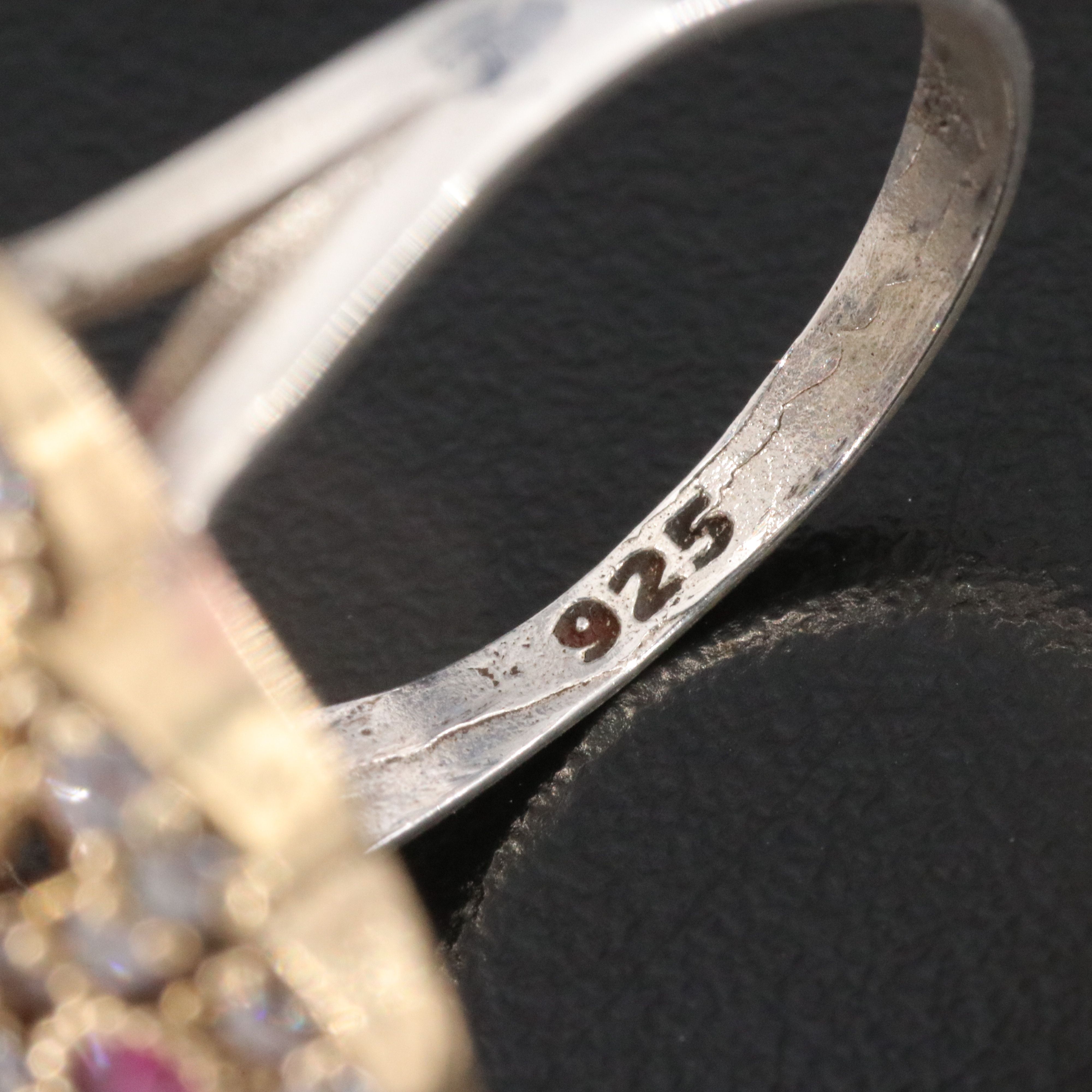 Sterling Glass, CZ and Ruby Ornate Ring