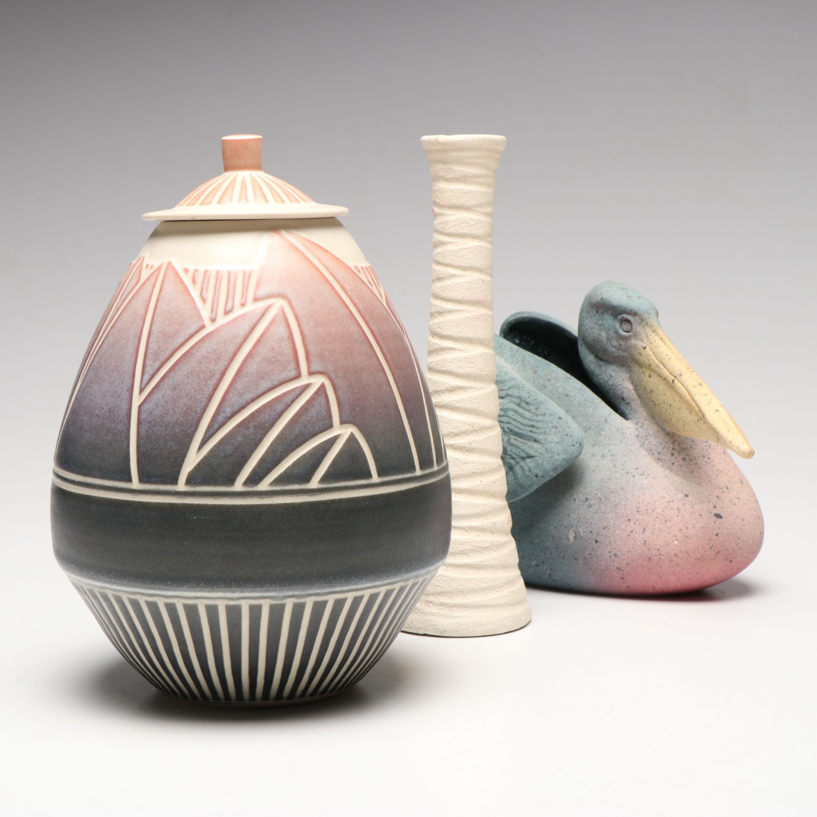 Wayne Bates Sgraffito Jar with Owl Creek Pelican Planter and Other Candlestick
