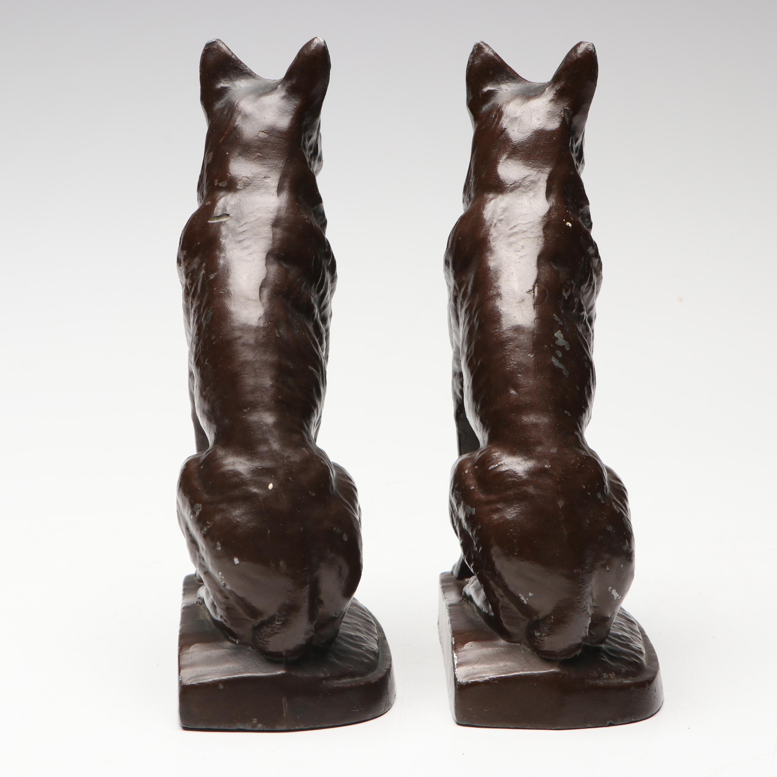 Bronzed Metal German Shepherd Bookends, Mid-20th Century