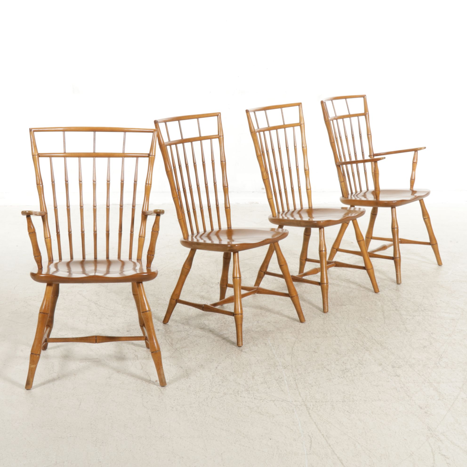 Ethan Allen Bamboo-Form Maple Birdcage Windsor Dining Chairs, Set of Four