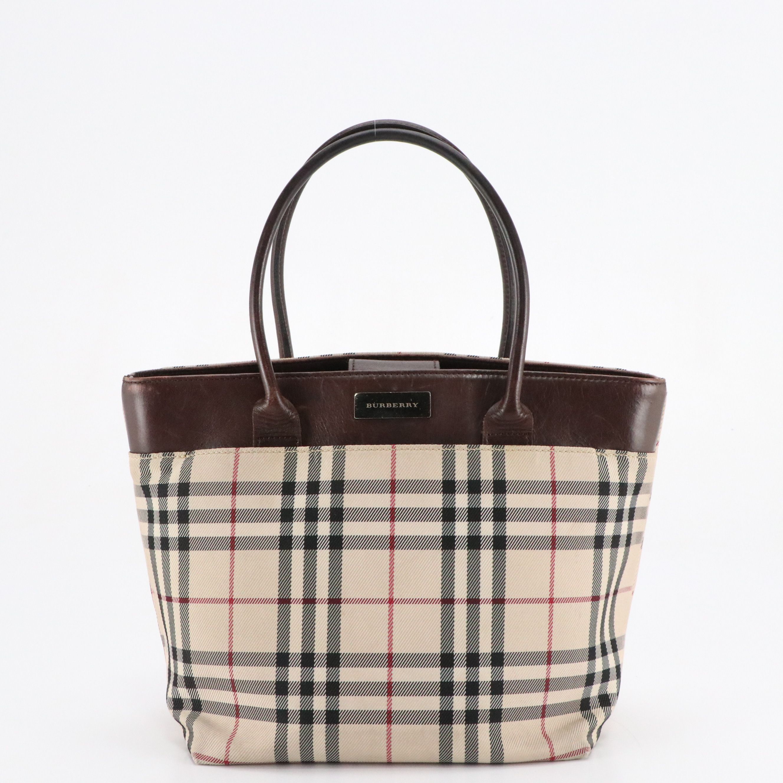 Burberry Top Handle Tote Bag in Nova Check Canvas and Brown Leather