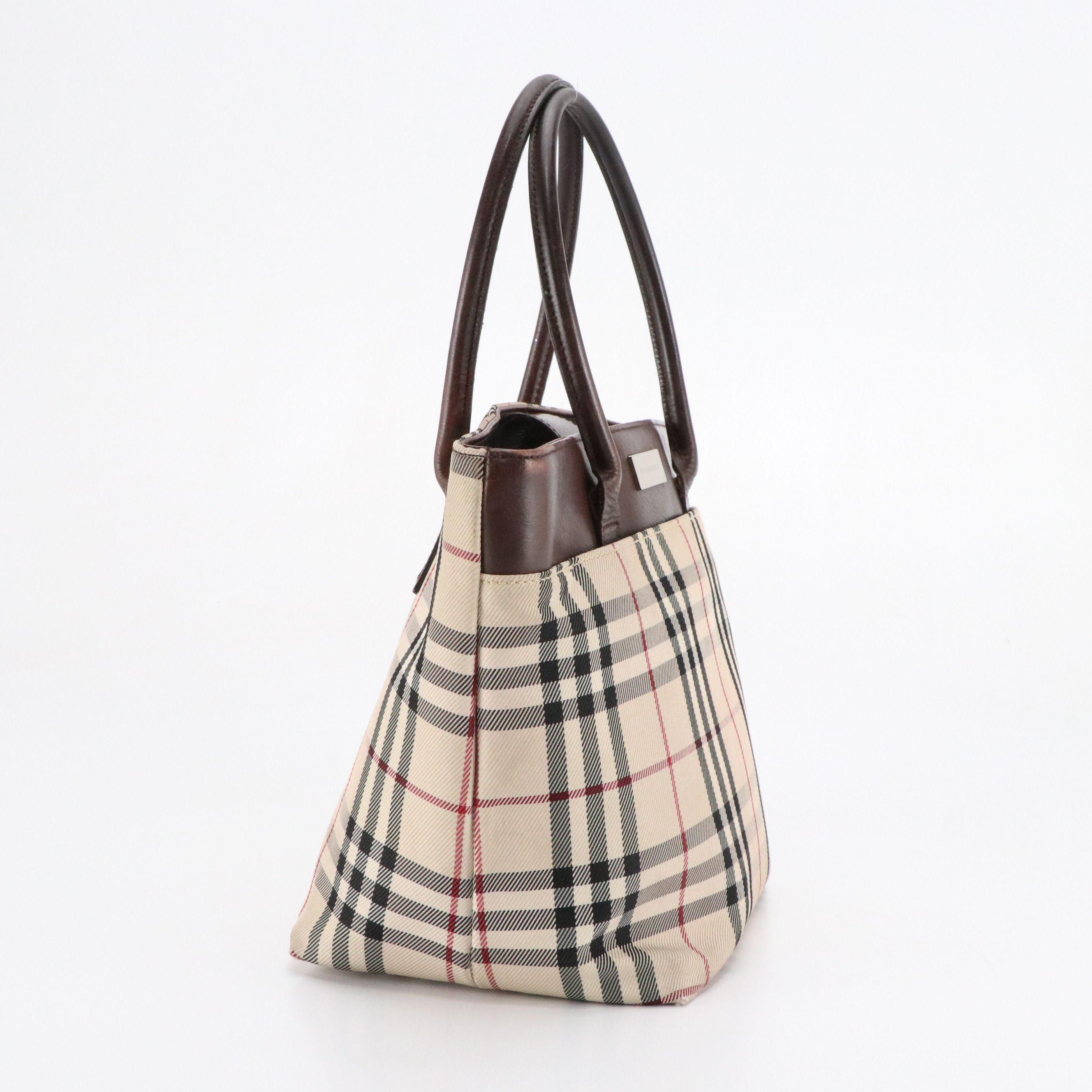 Burberry Top Handle Tote Bag in Nova Check Canvas and Brown Leather