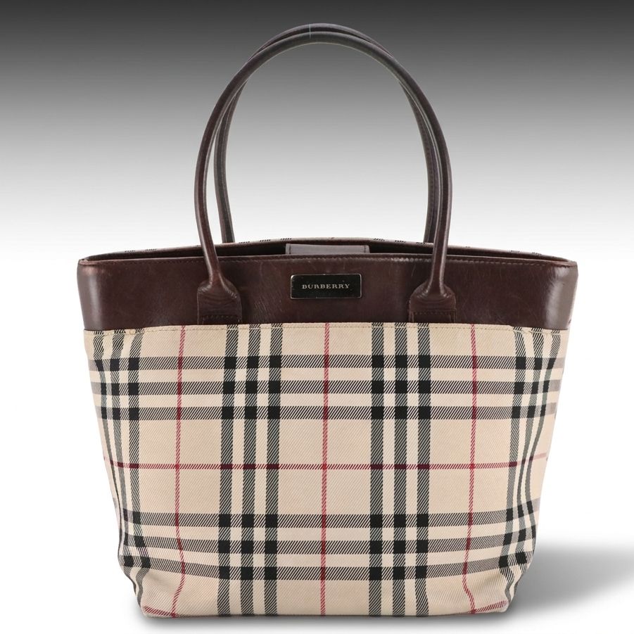 Burberry Top Handle Tote Bag in Nova Check Canvas and Brown Leather
