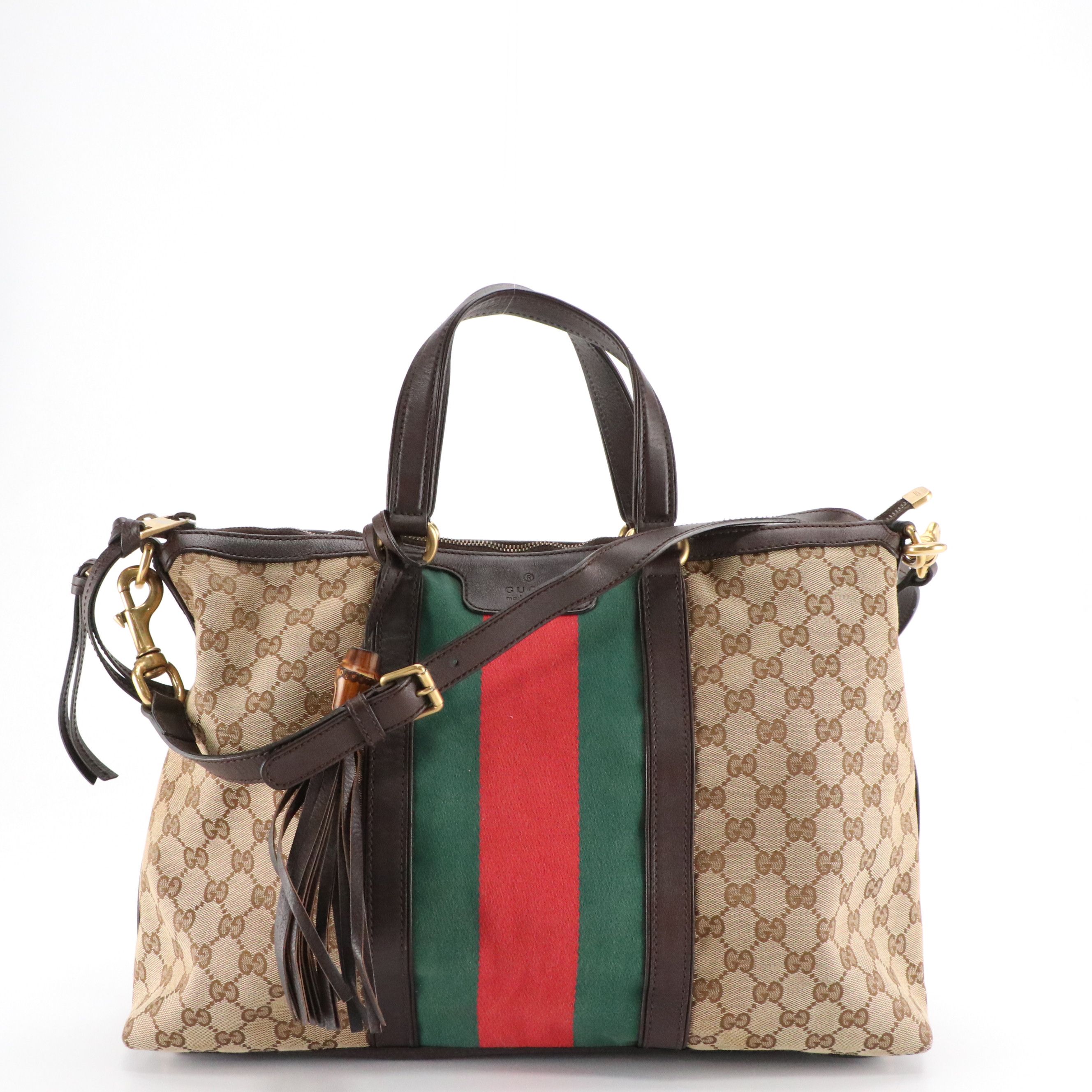 Gucci Rania Two-Way Zip Tote Bag in Web Striped GG Canvas and Brown Leather Trim