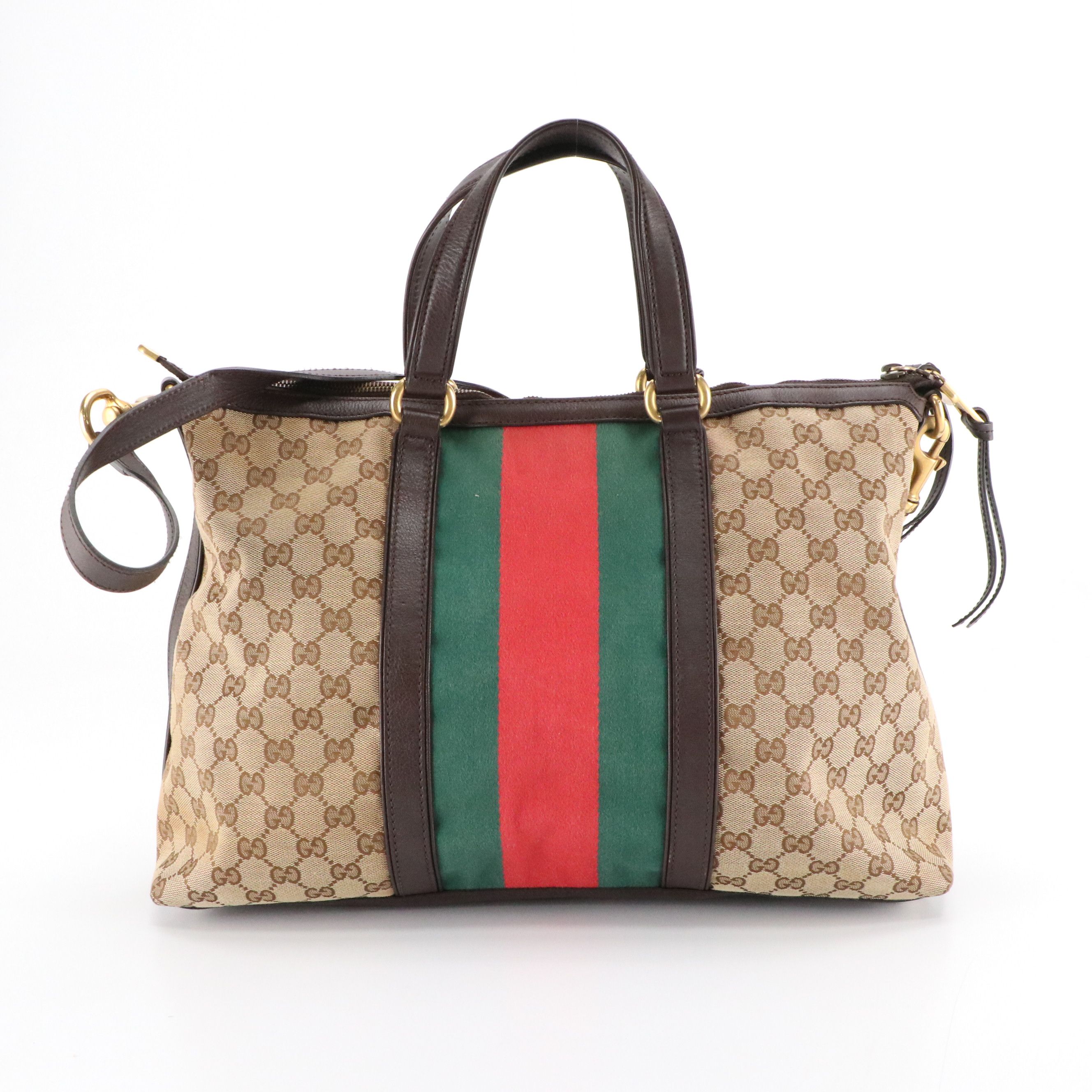 Gucci Rania Two-Way Zip Tote Bag in Web Striped GG Canvas and Brown Leather Trim