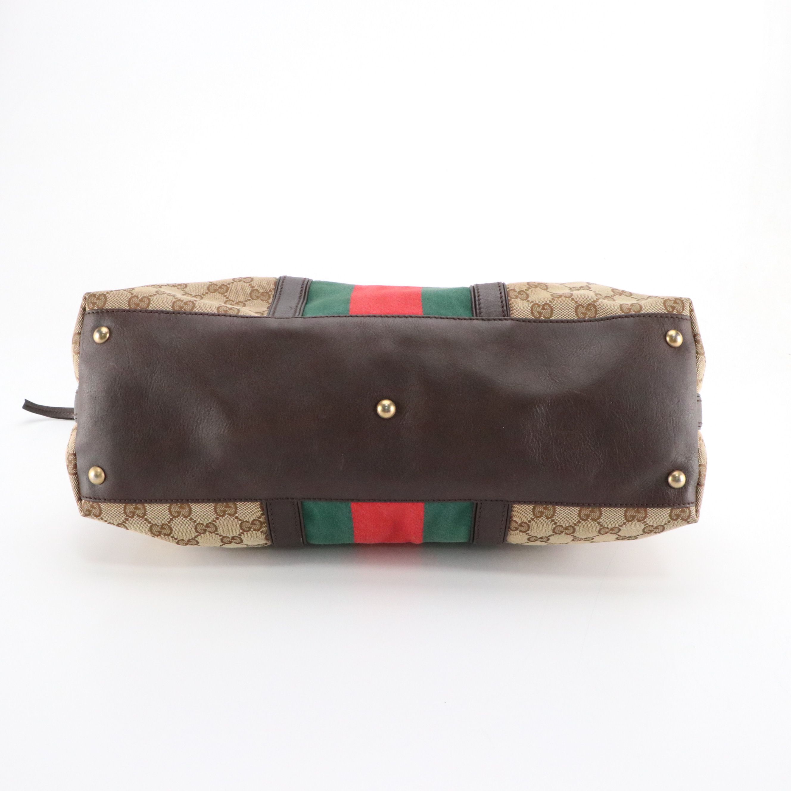 Gucci Rania Two-Way Zip Tote Bag in Web Striped GG Canvas and Brown Leather Trim