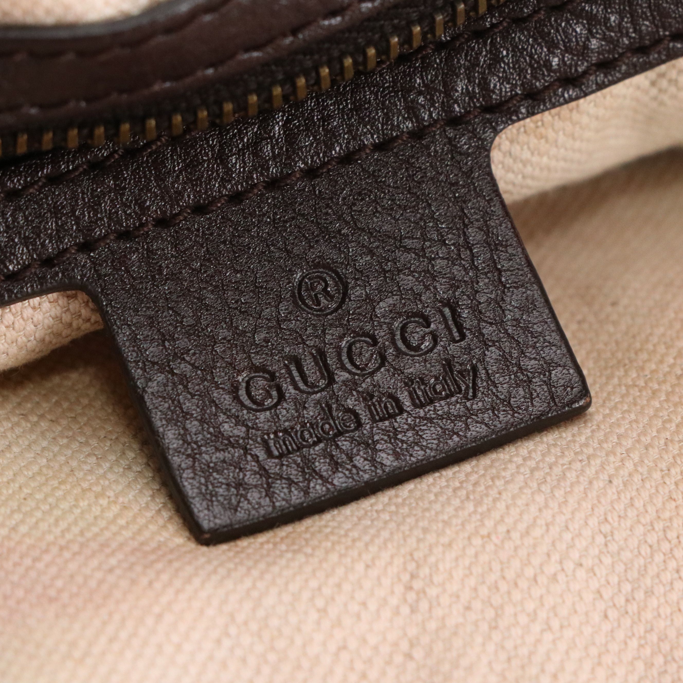 Gucci Rania Two-Way Zip Tote Bag in Web Striped GG Canvas and Brown Leather Trim