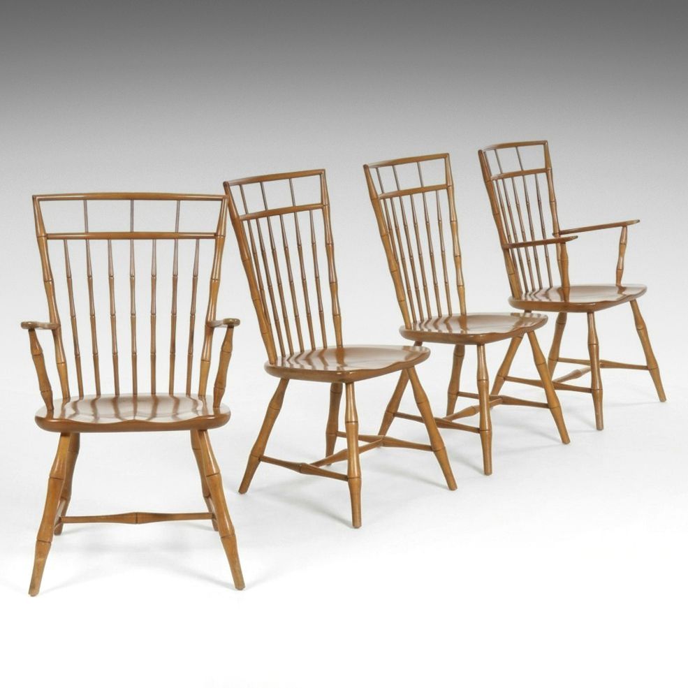 Ethan Allen Bamboo-Form Maple Birdcage Windsor Dining Chairs, Set of Four