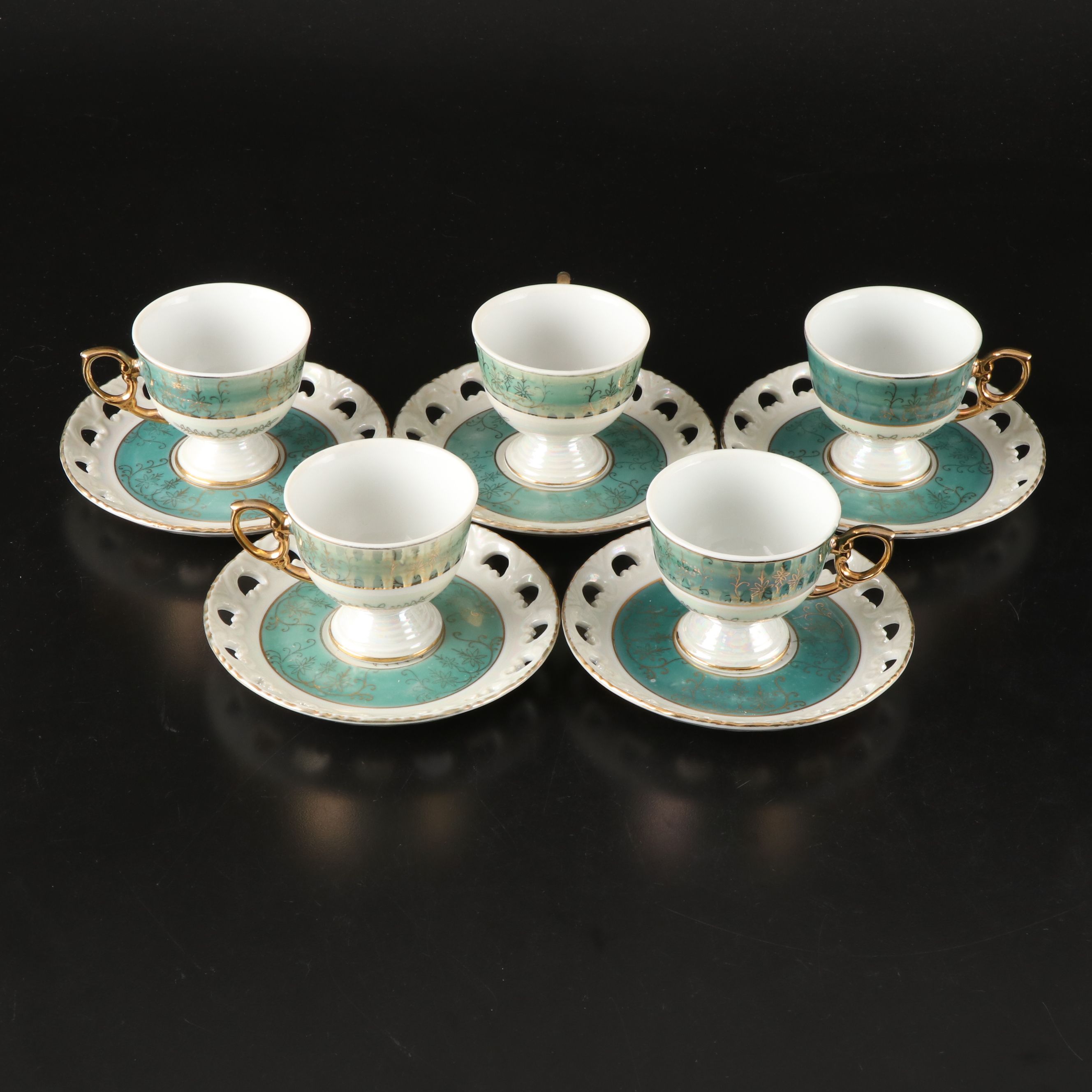 Empress Iridescent Teal with Gold Gilt Porcelain Teacups and Saucers