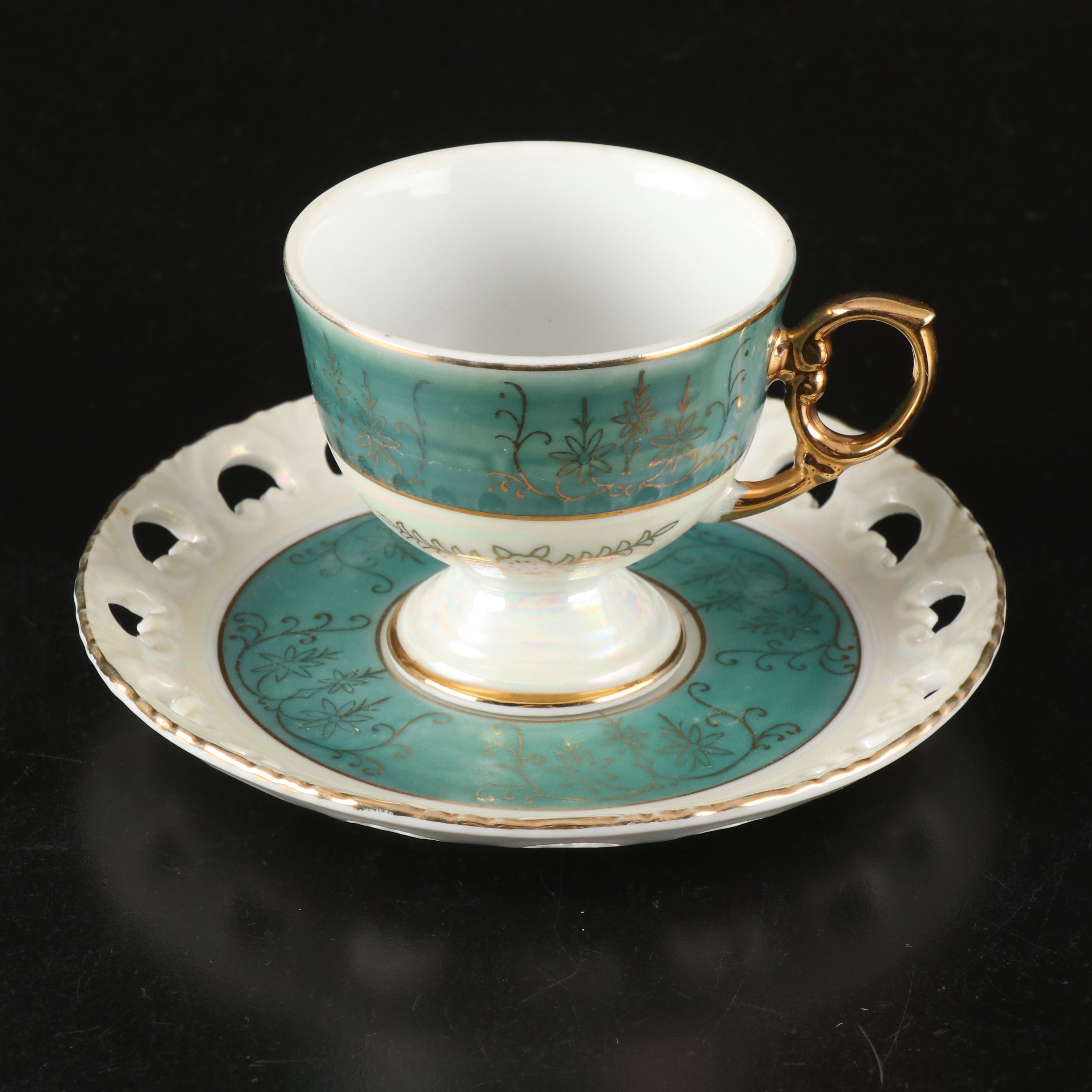 Empress Iridescent Teal with Gold Gilt Porcelain Teacups and Saucers