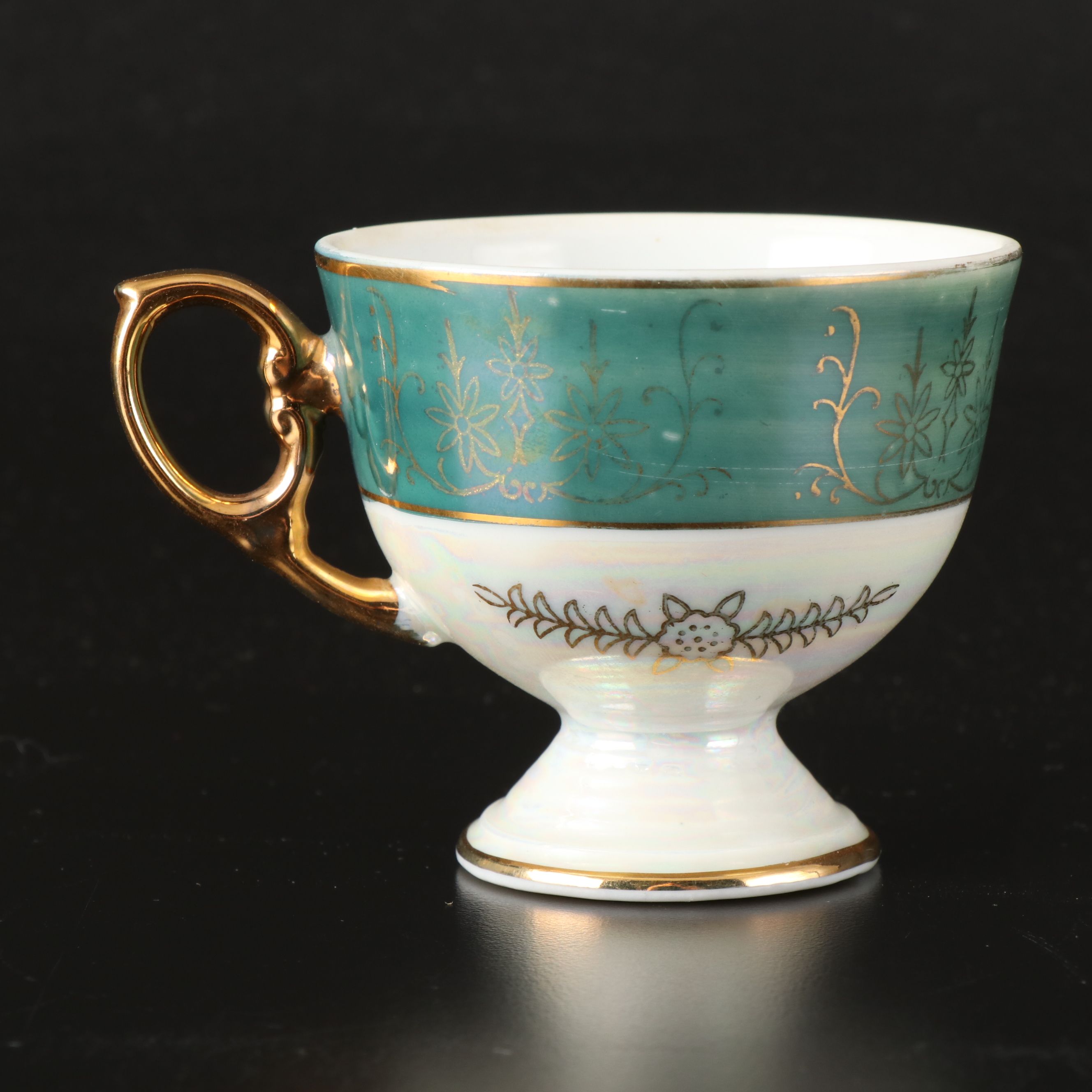 Empress Iridescent Teal with Gold Gilt Porcelain Teacups and Saucers