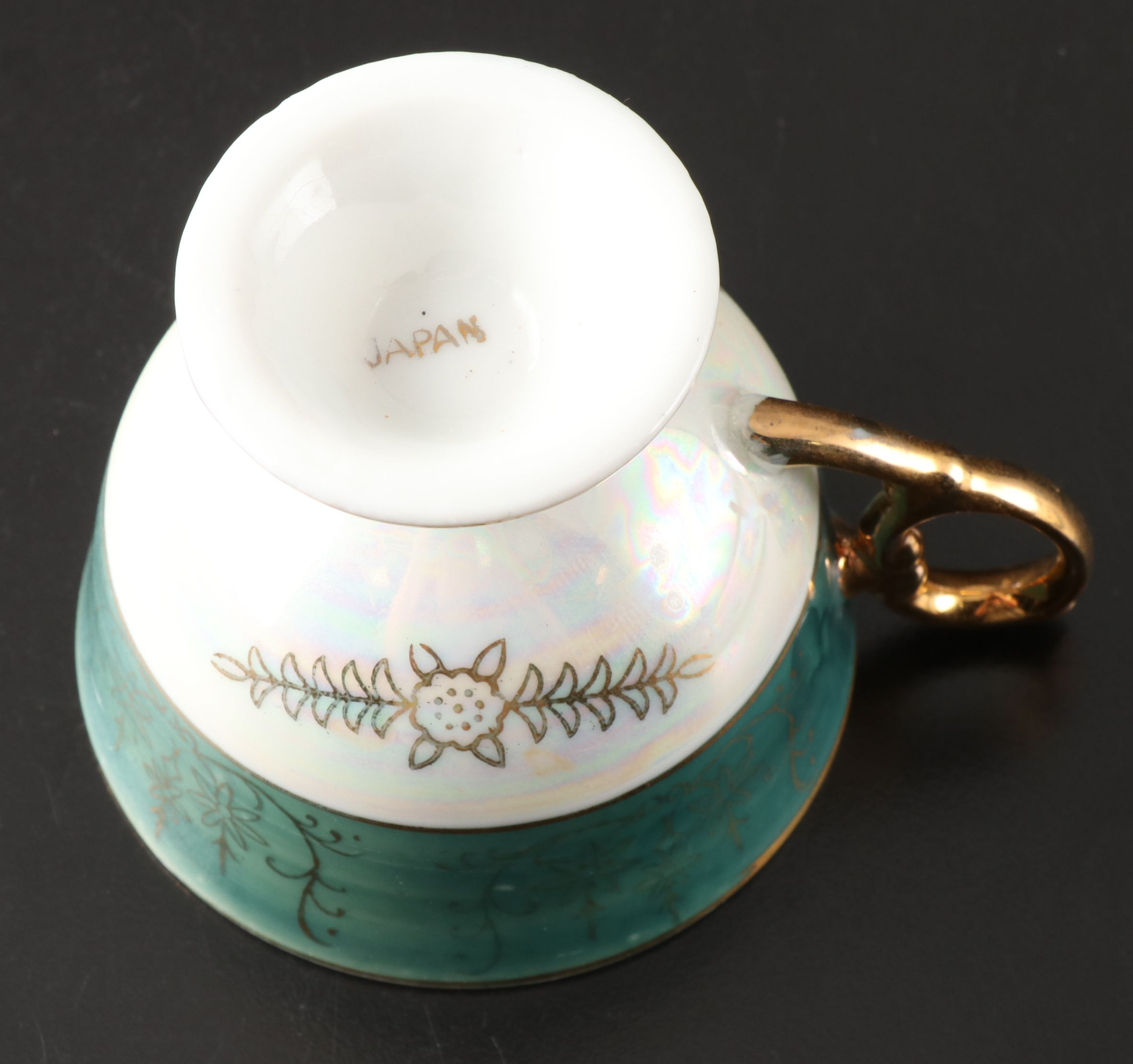 Empress Iridescent Teal with Gold Gilt Porcelain Teacups and Saucers