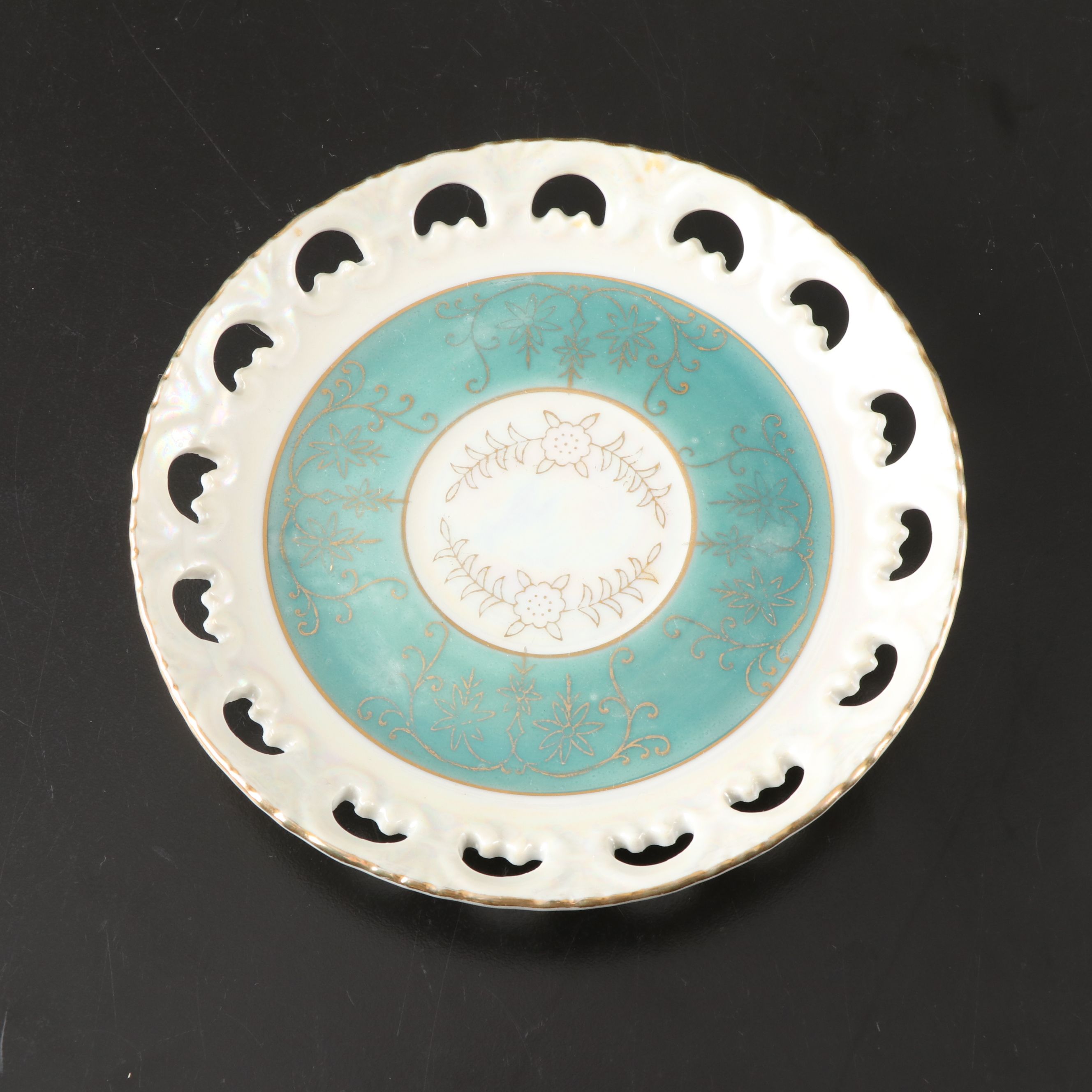 Empress Iridescent Teal with Gold Gilt Porcelain Teacups and Saucers