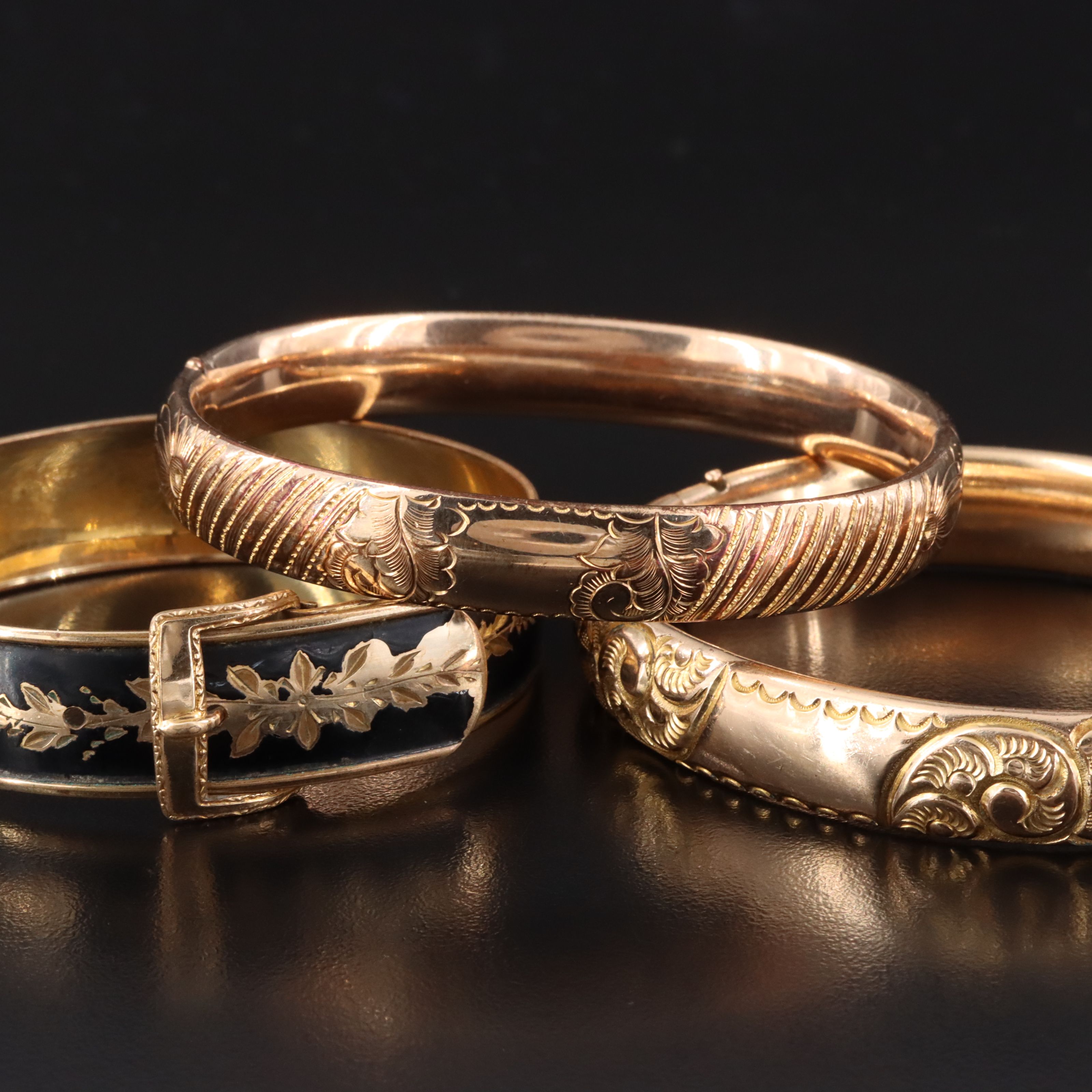 Vintage Hayward Gold-Filled Enamel Buckle and Antique Floral Bangles