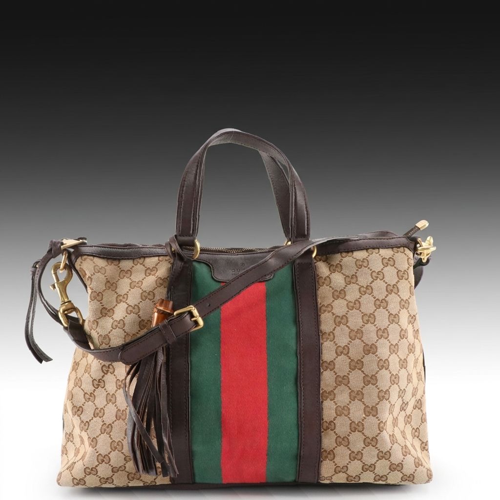 Gucci Rania Two-Way Zip Tote Bag in Web Striped GG Canvas and Brown Leather Trim