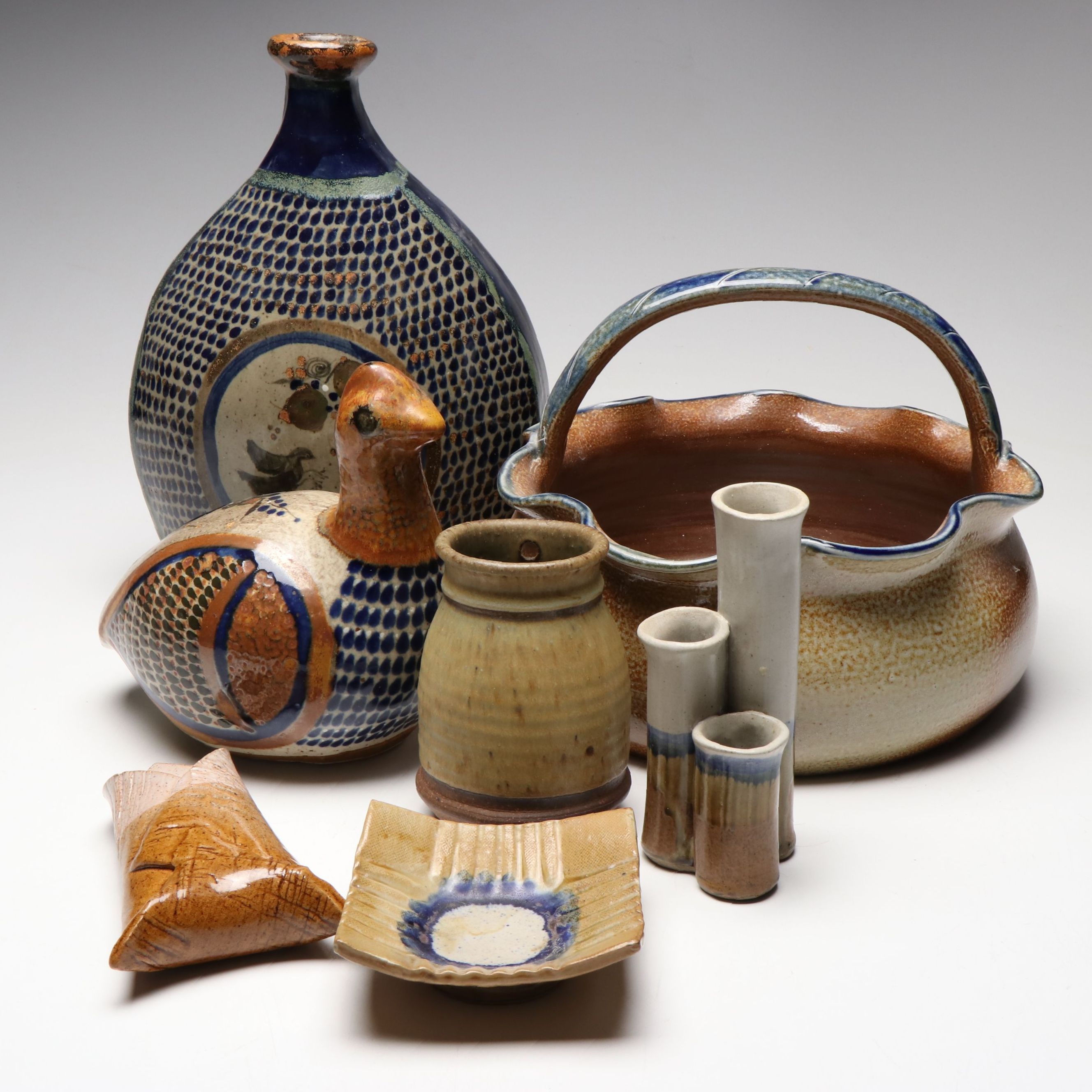 Mexican Tonala Pottery Chicken, Vase and More Glazed Stoneware