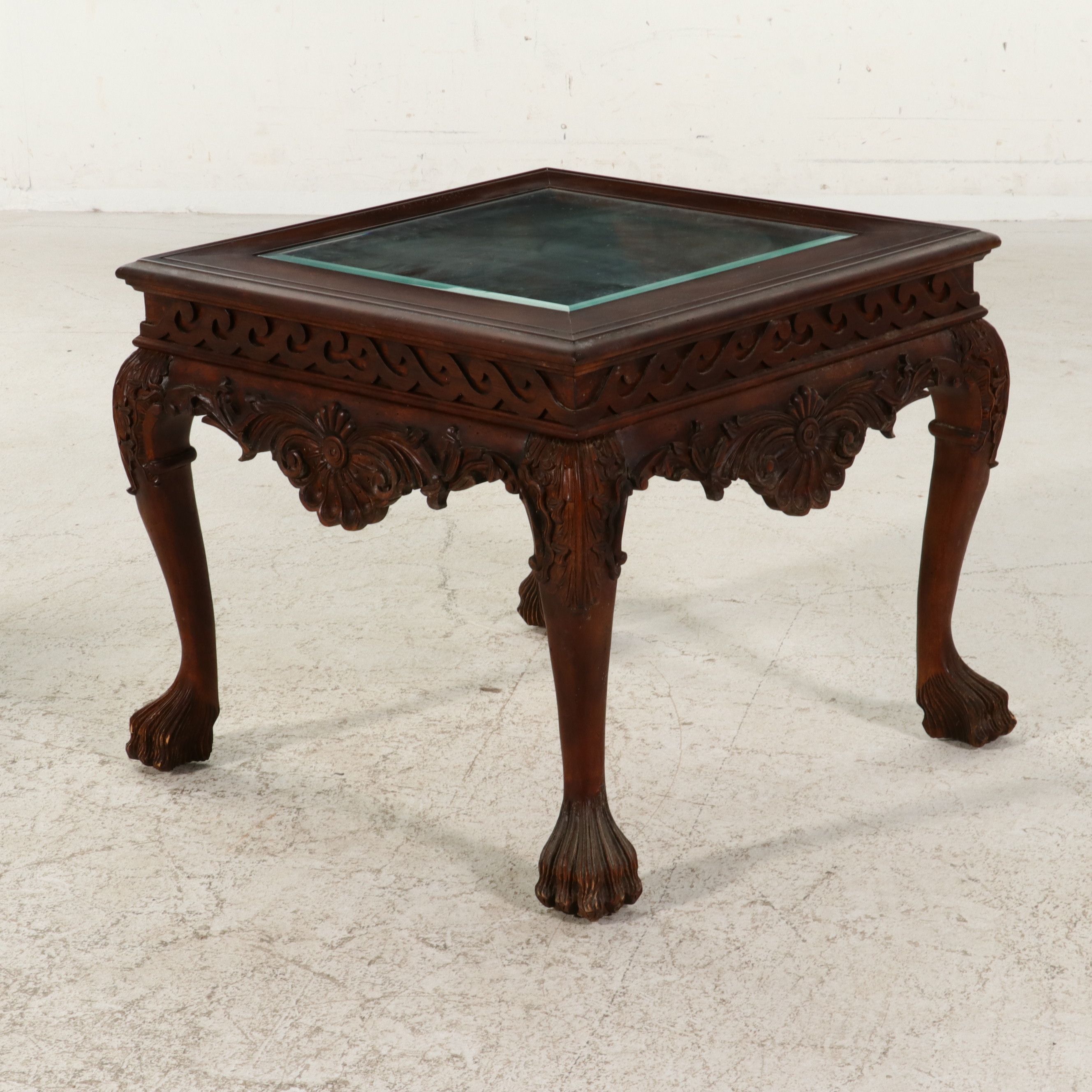 Pair of Chippendale Style Carved Mahogany Glass-Top Side Tables, Late 20th C.