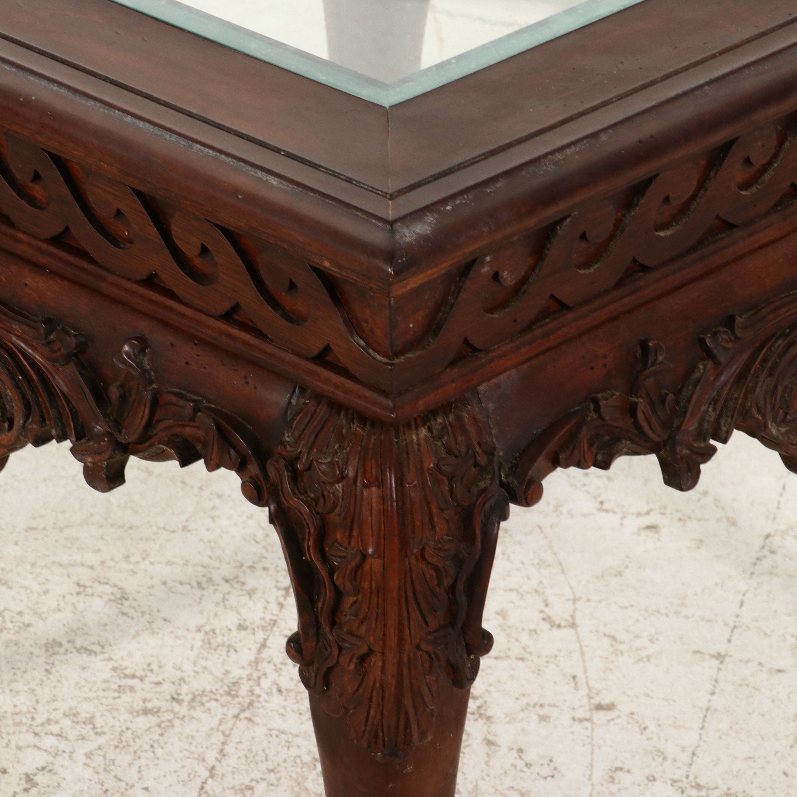 Pair of Chippendale Style Carved Mahogany Glass-Top Side Tables, Late 20th C.