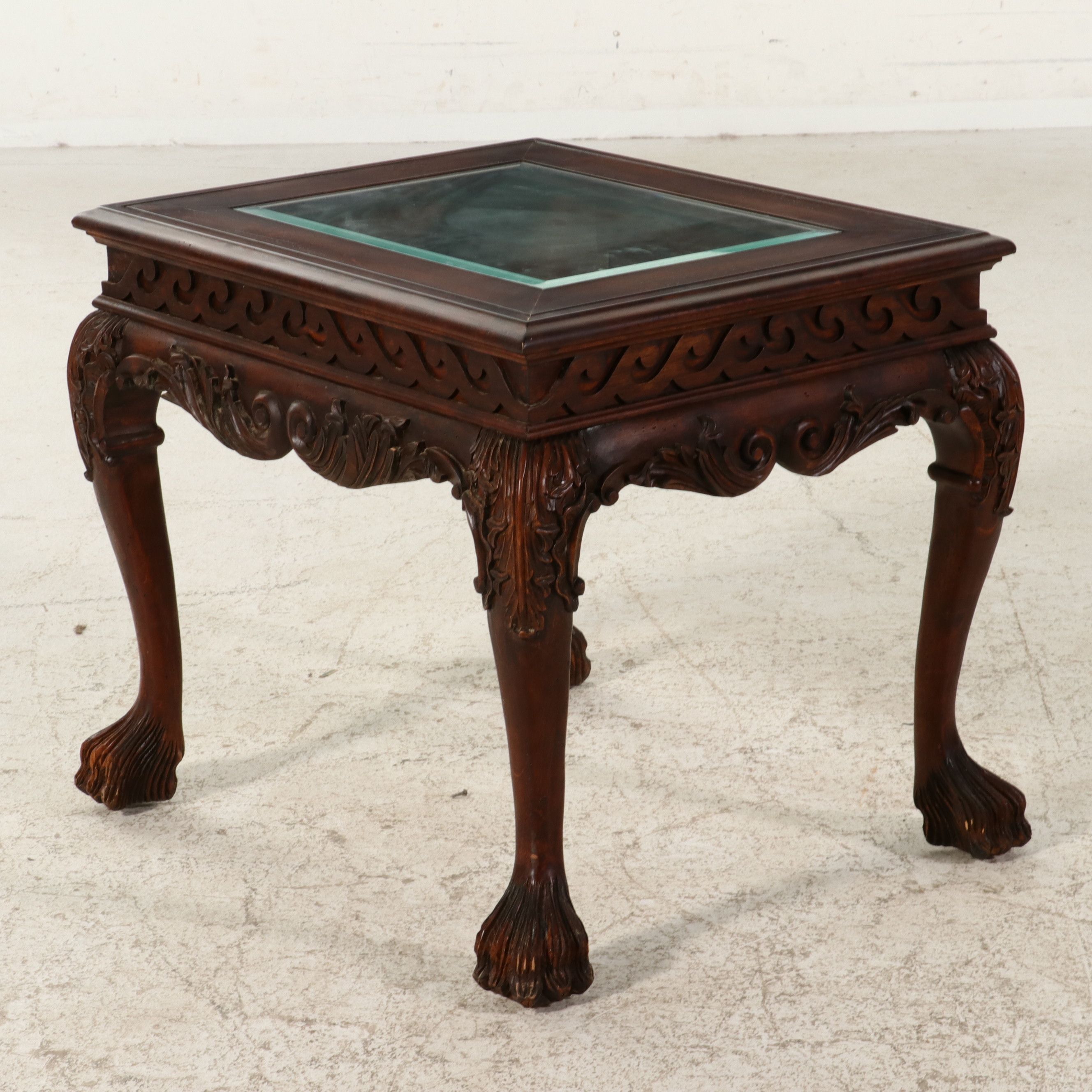 Pair of Chippendale Style Carved Mahogany Glass-Top Side Tables, Late 20th C.