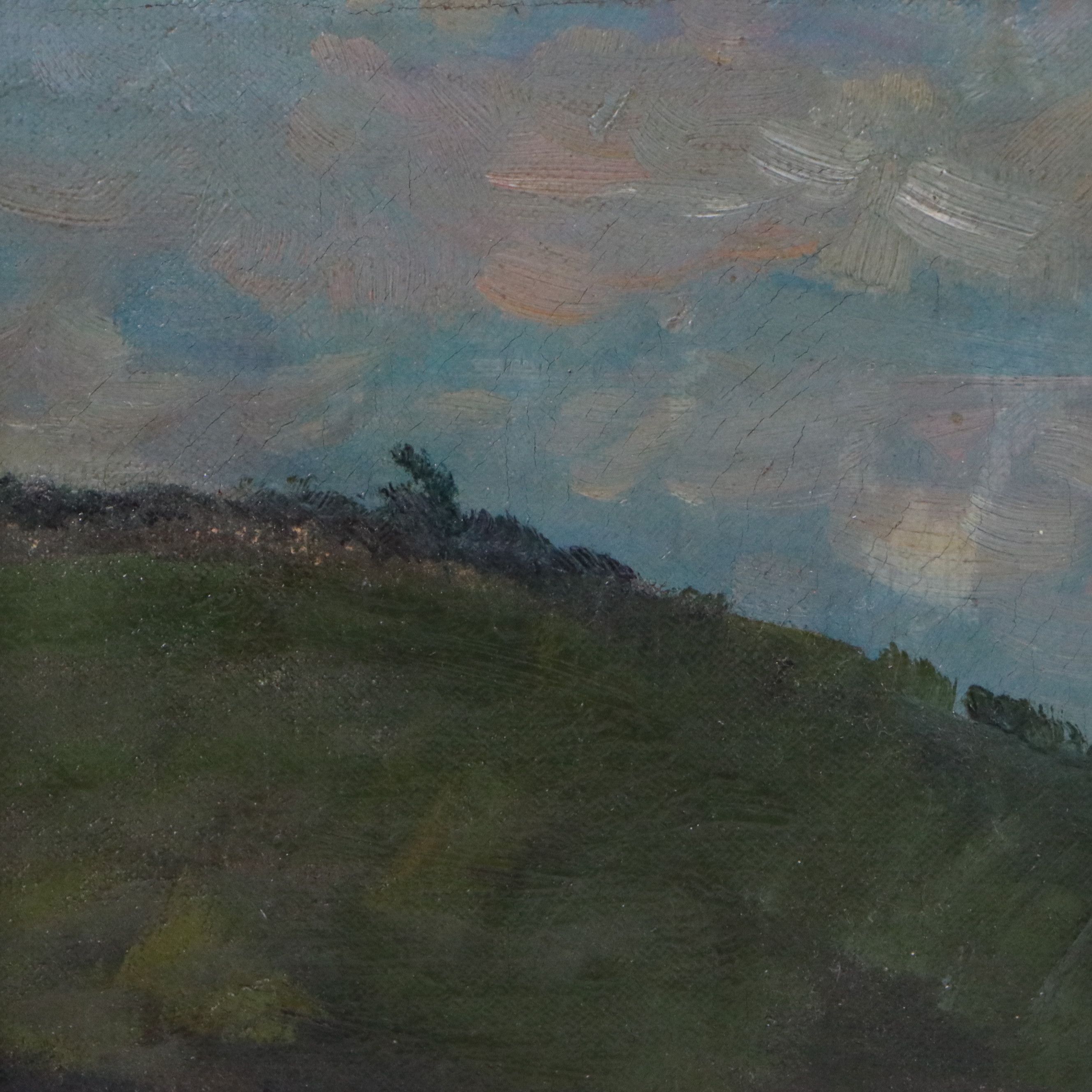 Oil Painting of Grassy Hillside with Blue Sky, Mid-Late 20th Century