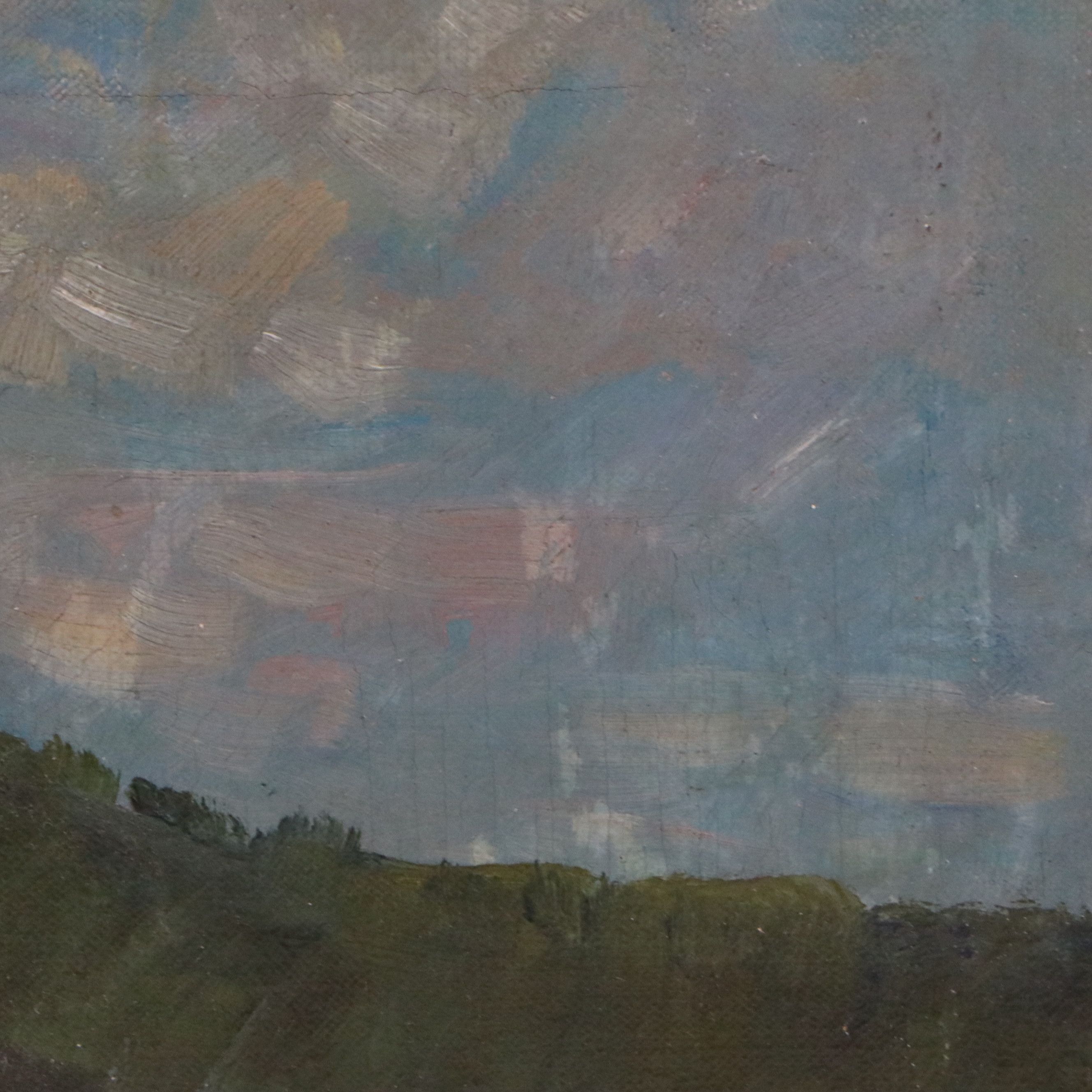 Oil Painting of Grassy Hillside with Blue Sky, Mid-Late 20th Century