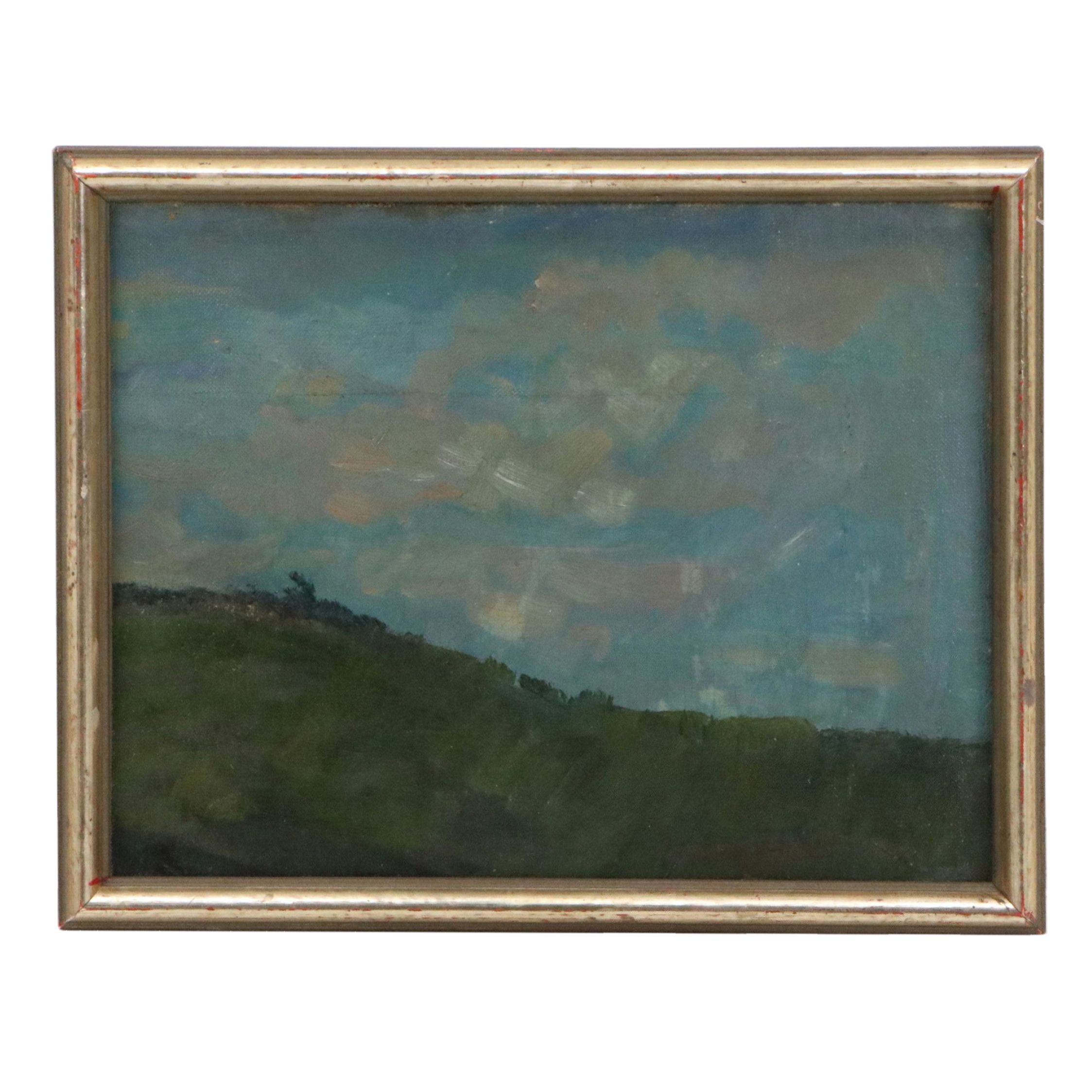 Oil Painting of Grassy Hillside with Blue Sky, Mid-Late 20th Century