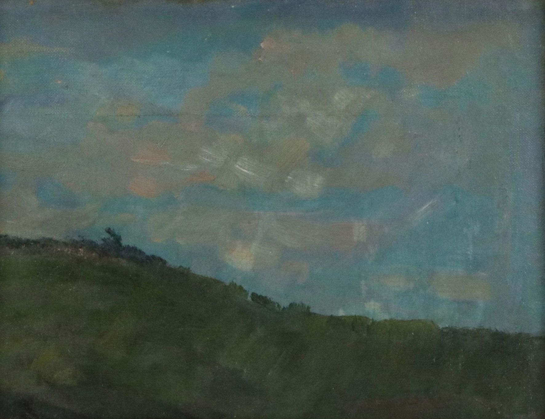 Oil Painting of Grassy Hillside with Blue Sky, Mid-Late 20th Century