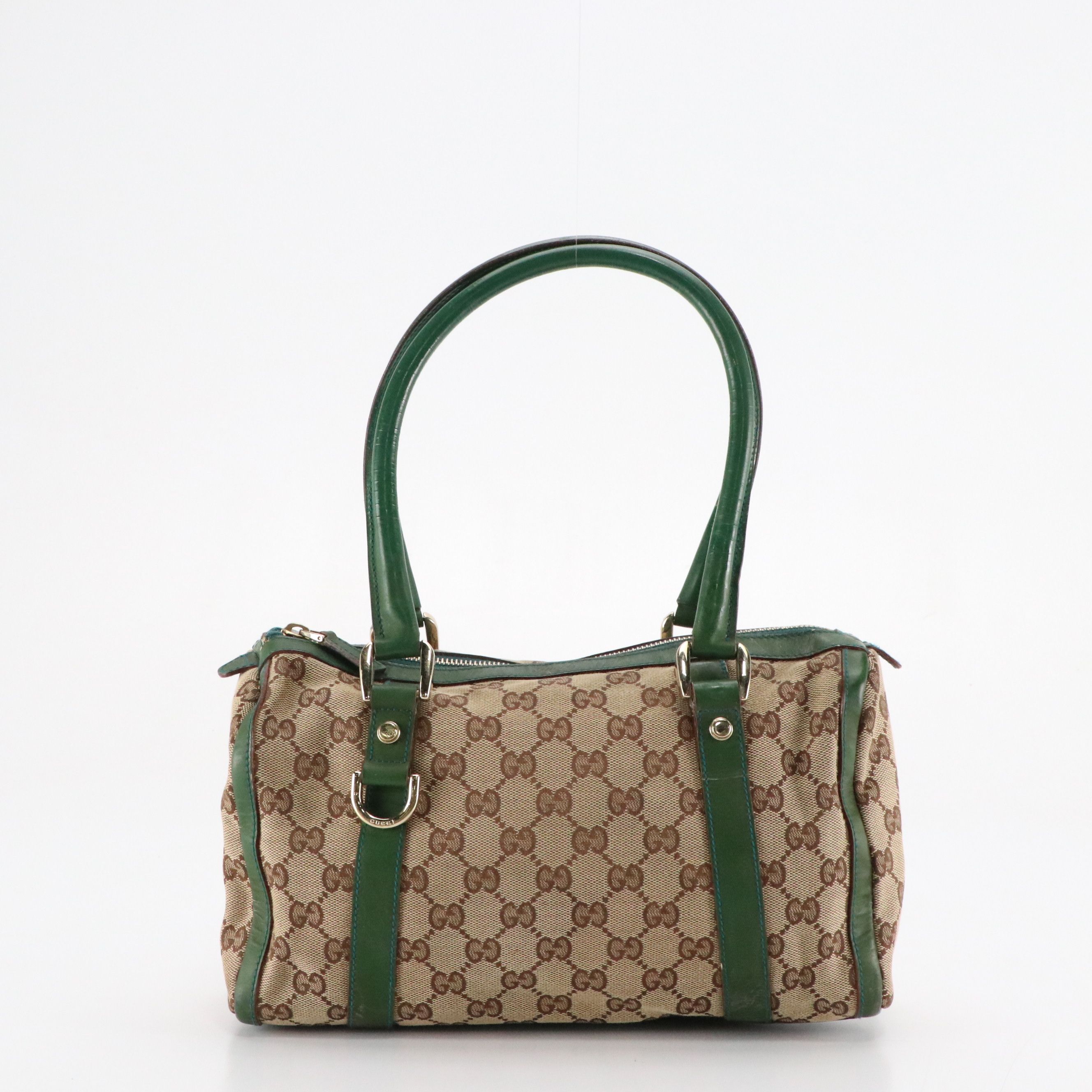 Gucci Small Abbey Boston Shoulder Bag in Beige GG Canvas and Green Leather