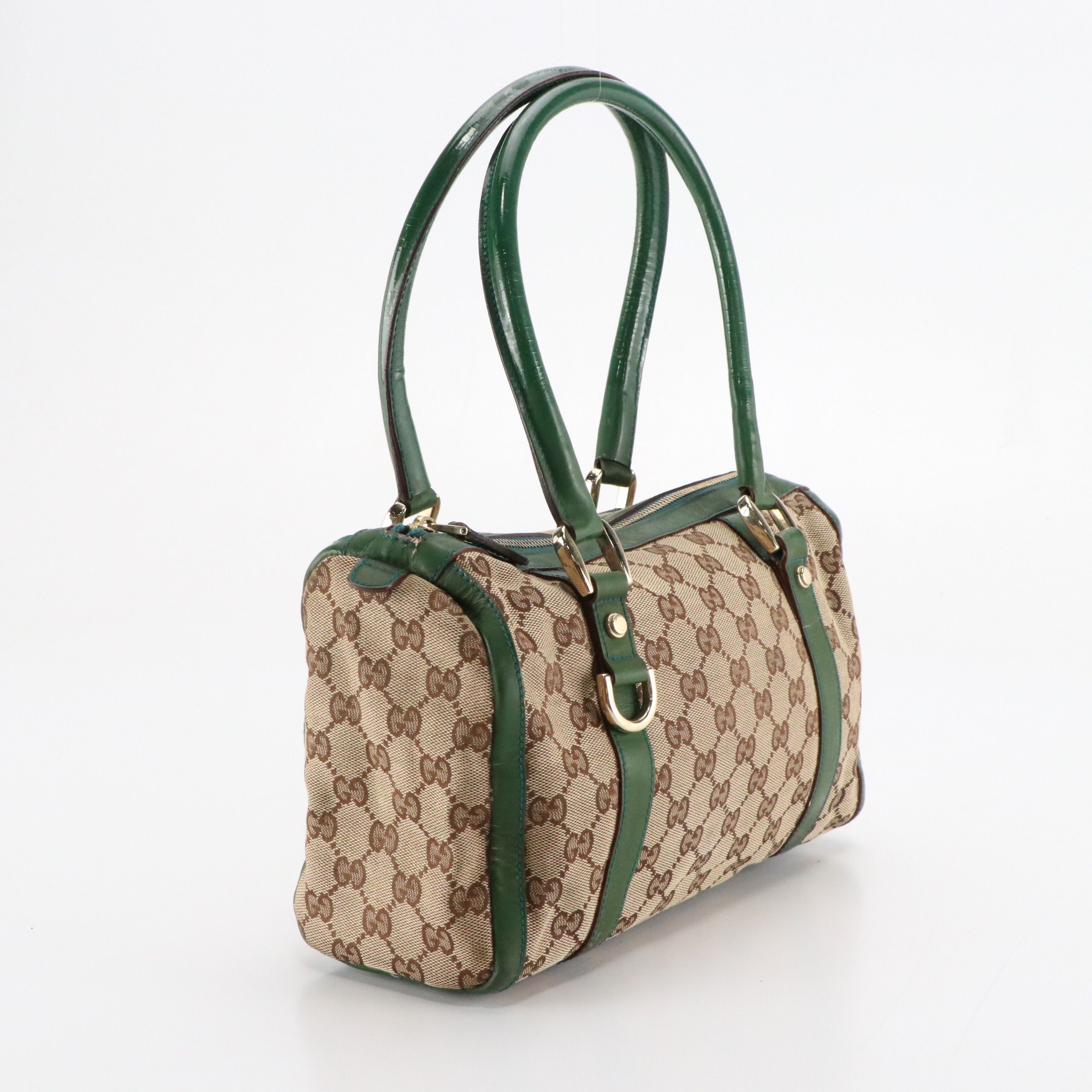 Gucci Small Abbey Boston Shoulder Bag in Beige GG Canvas and Green Leather