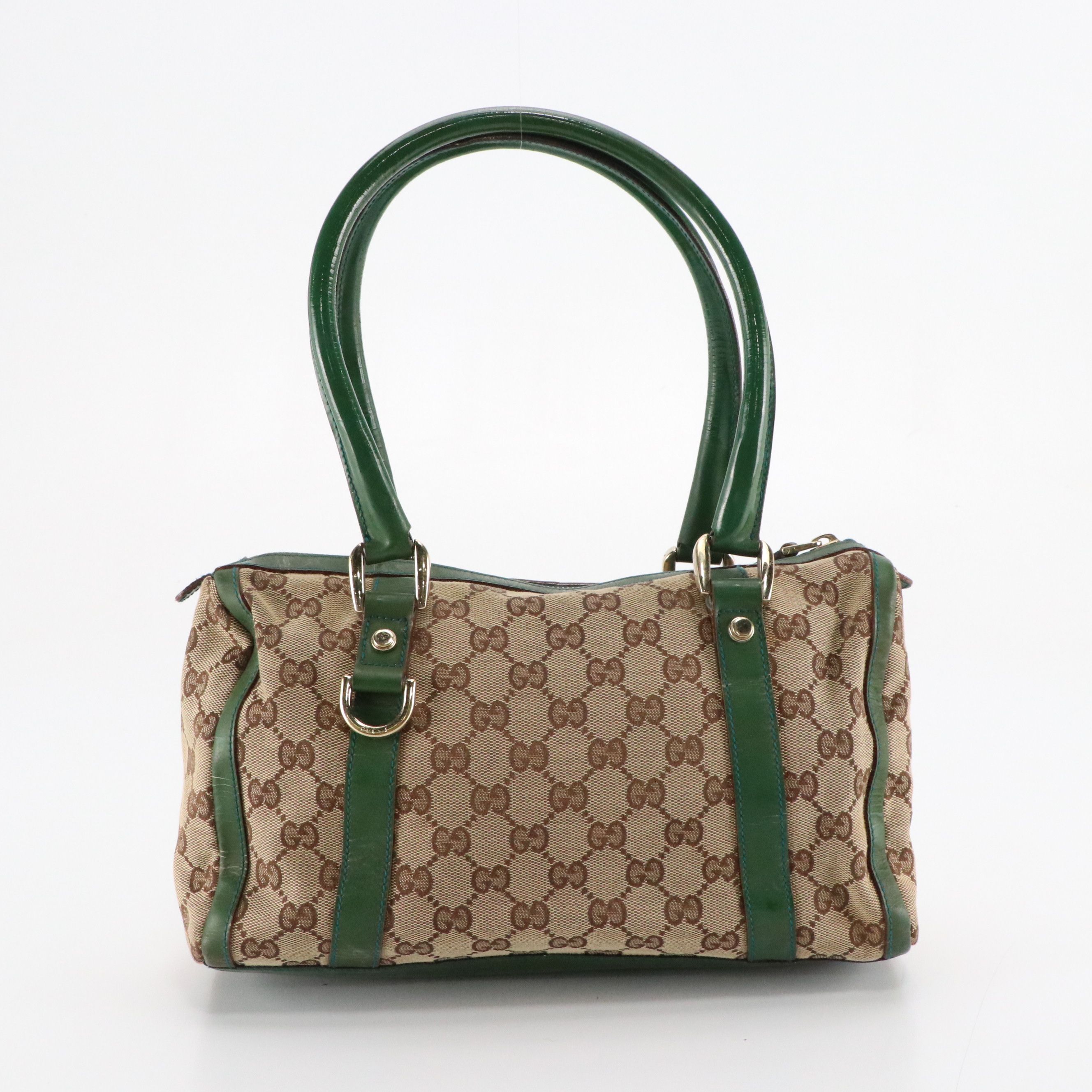 Gucci Small Abbey Boston Shoulder Bag in Beige GG Canvas and Green Leather