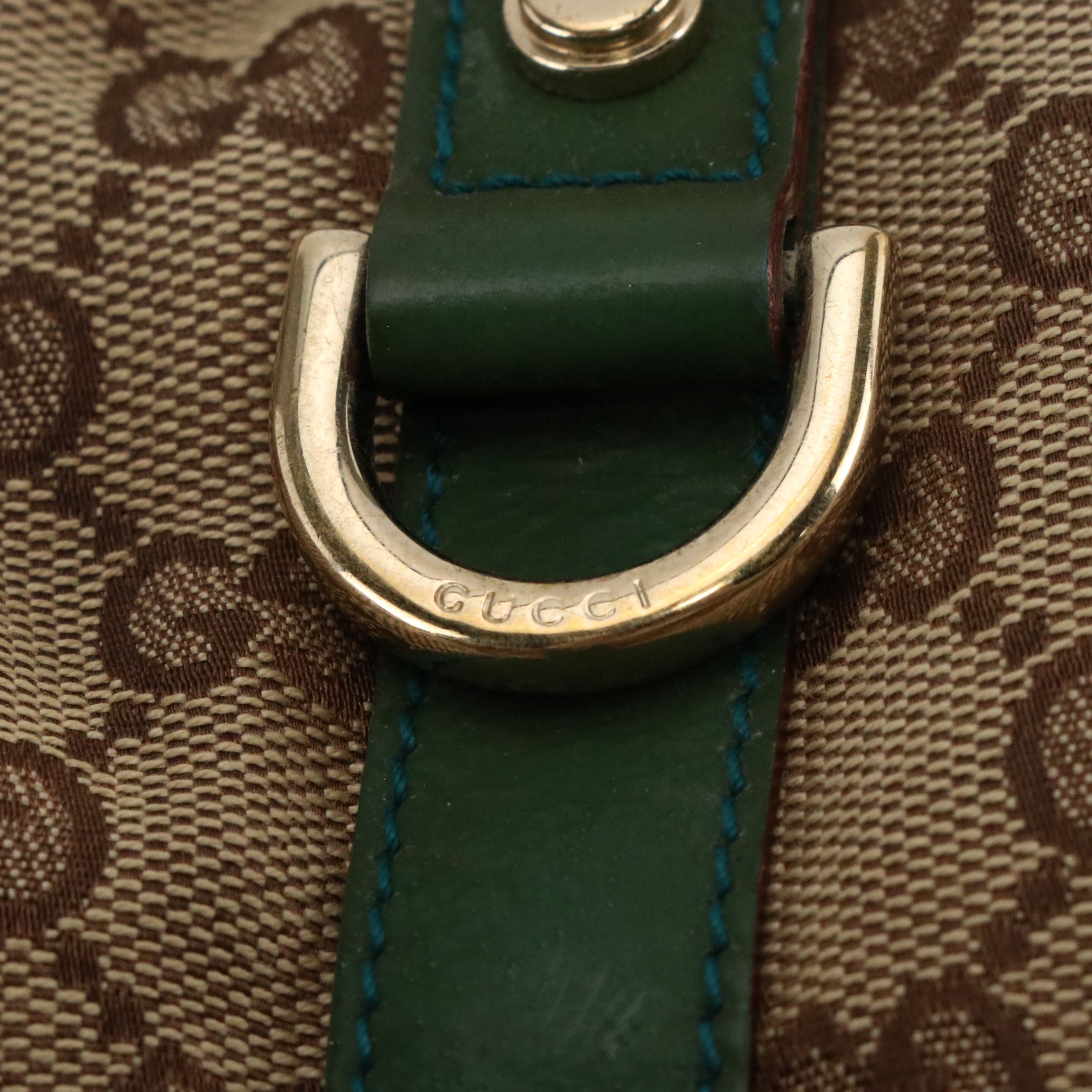 Gucci Small Abbey Boston Shoulder Bag in Beige GG Canvas and Green Leather