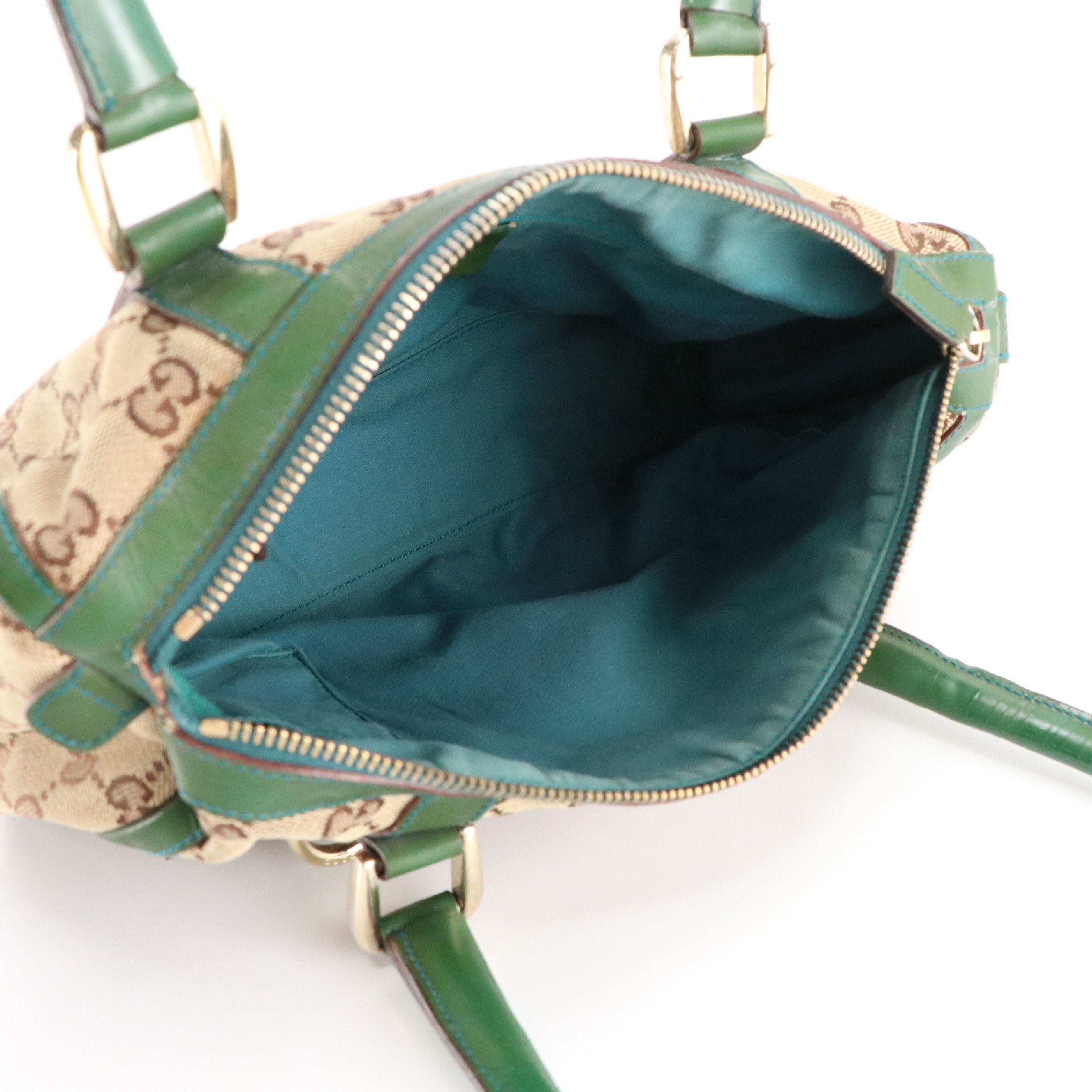 Gucci Small Abbey Boston Shoulder Bag in Beige GG Canvas and Green Leather