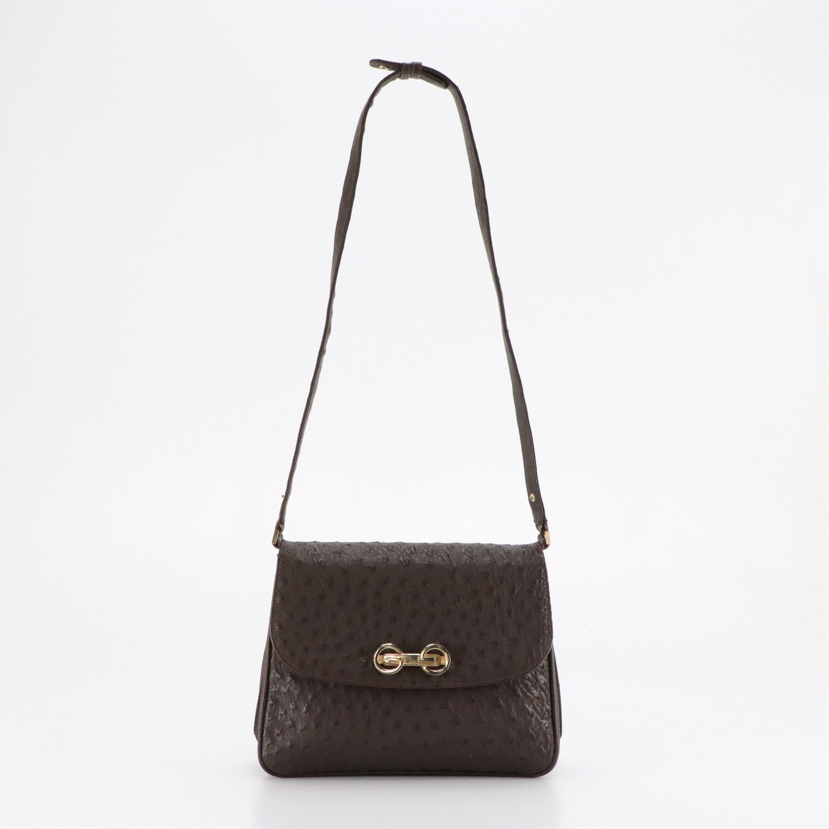 Gucci Interlocking GG Shoulder Bag in Dark Brown Ostrich Leather, 1960s