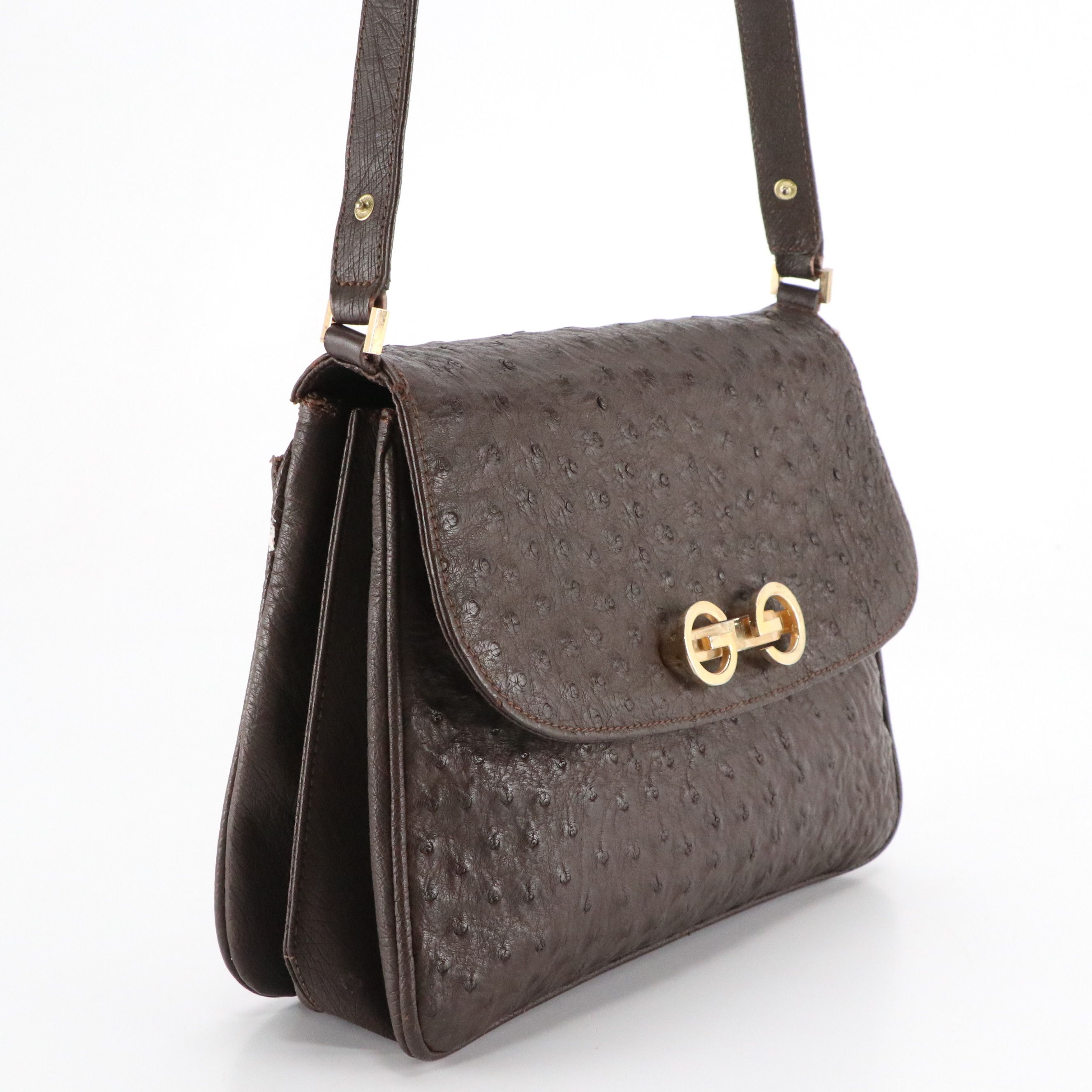 Gucci Interlocking GG Shoulder Bag in Dark Brown Ostrich Leather, 1960s