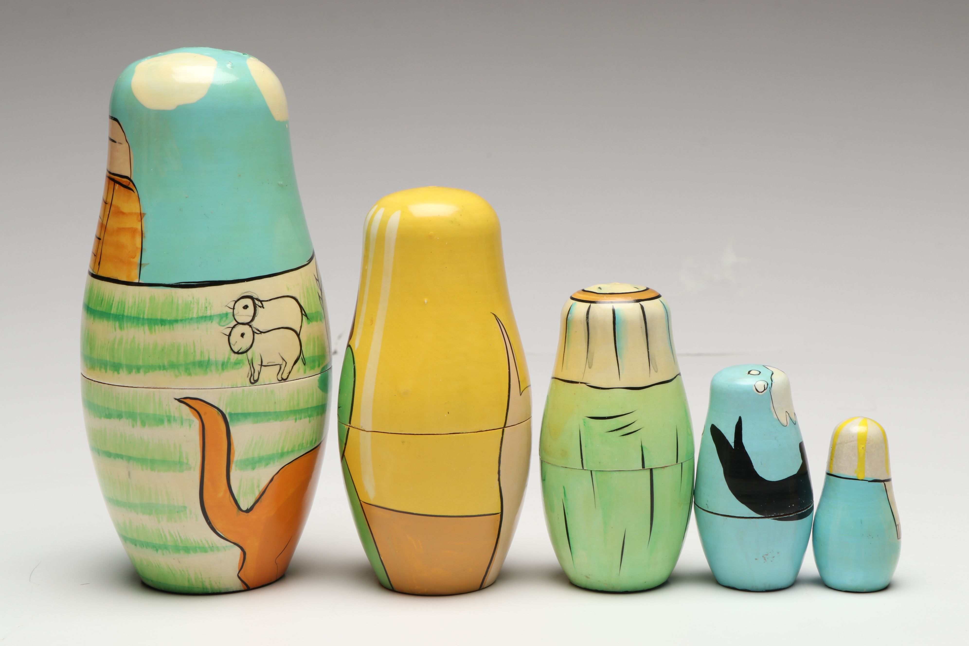 Biblical, Clown and Other Hand-Painted Wooden Nesting Dolls