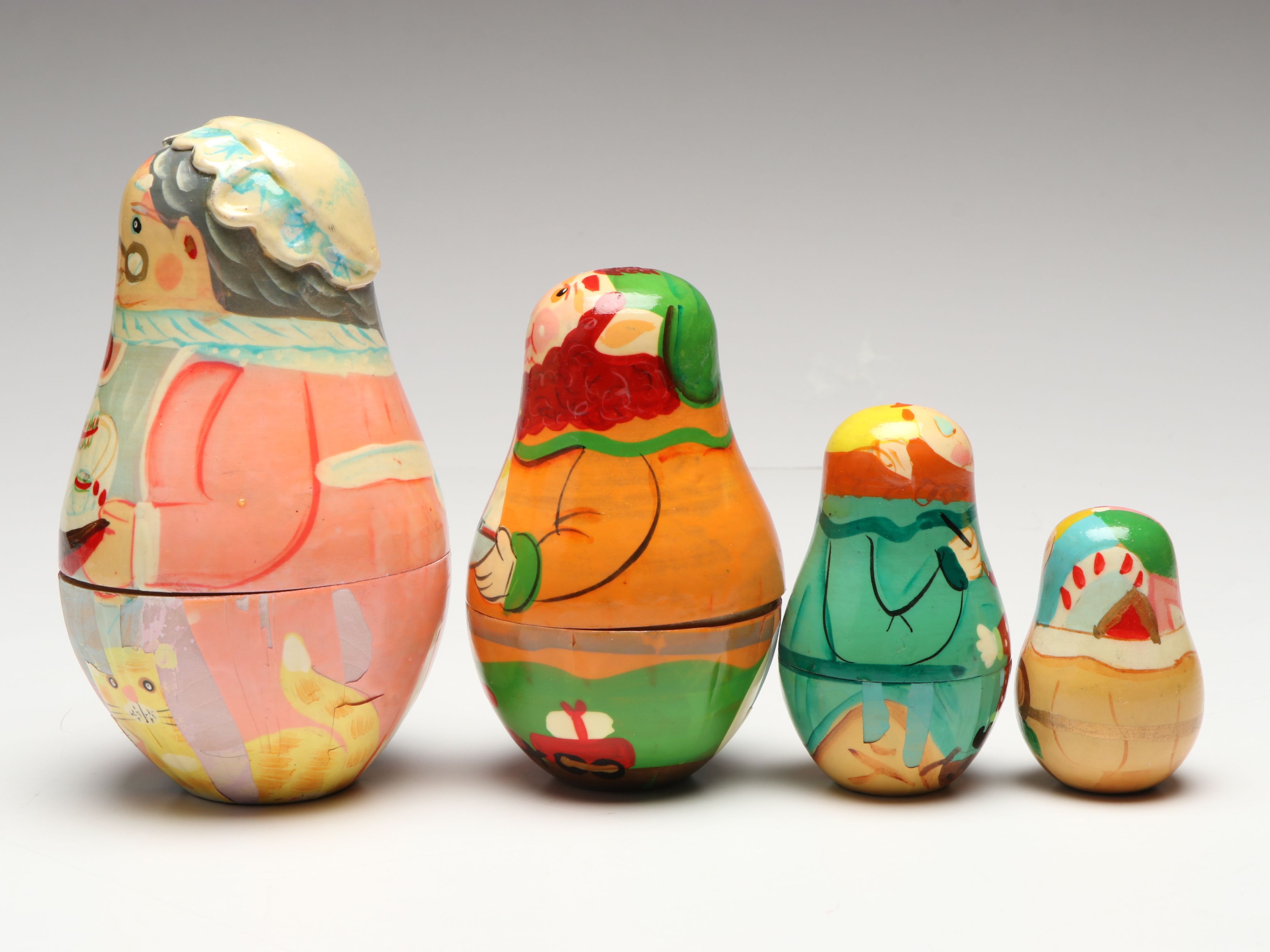 Biblical, Clown and Other Hand-Painted Wooden Nesting Dolls