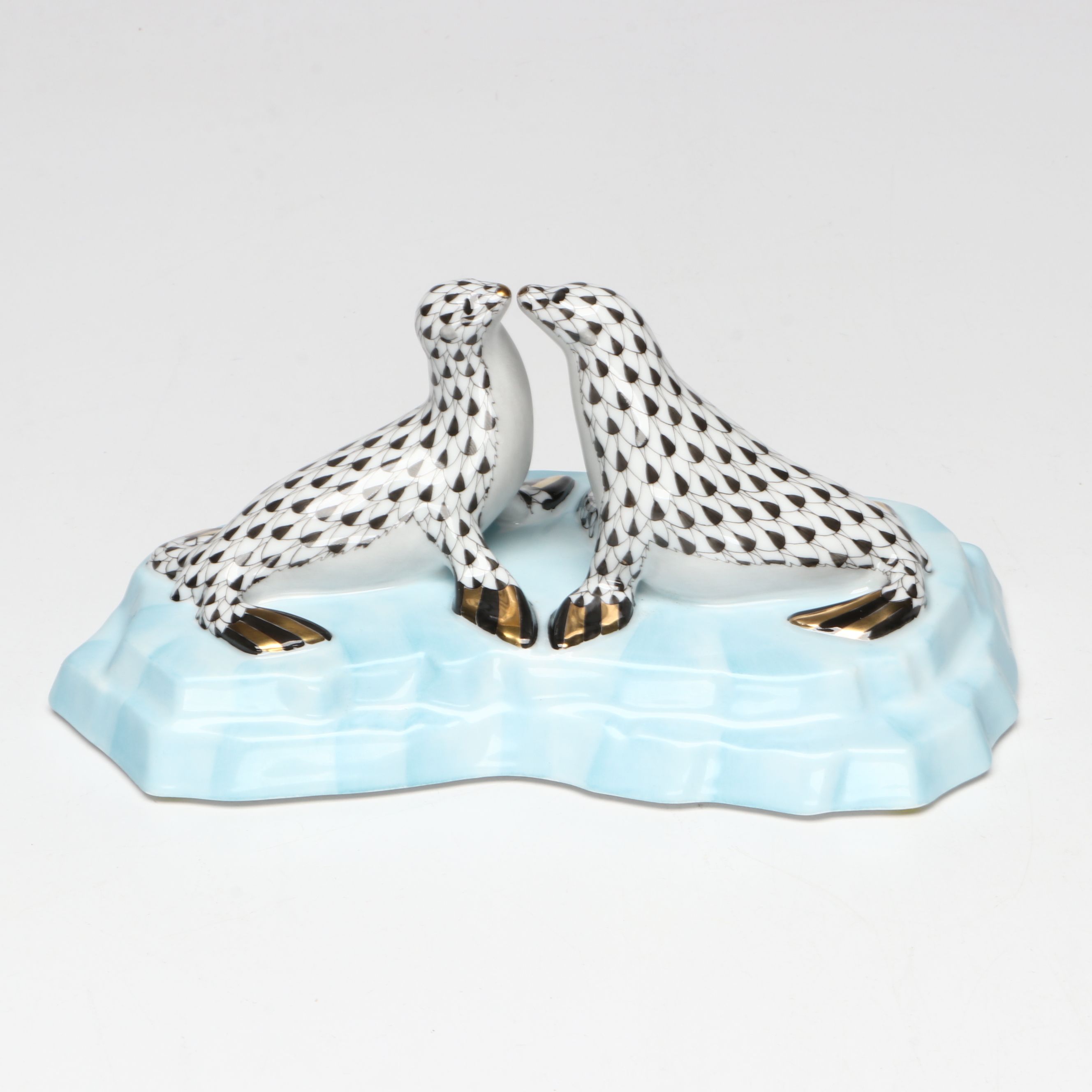 Herend Black Fishnet with Gold “Kissing Sea Lions” Porcelain Figurine