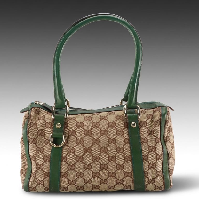 Gucci Small Abbey Boston Shoulder Bag in Beige GG Canvas and Green Leather