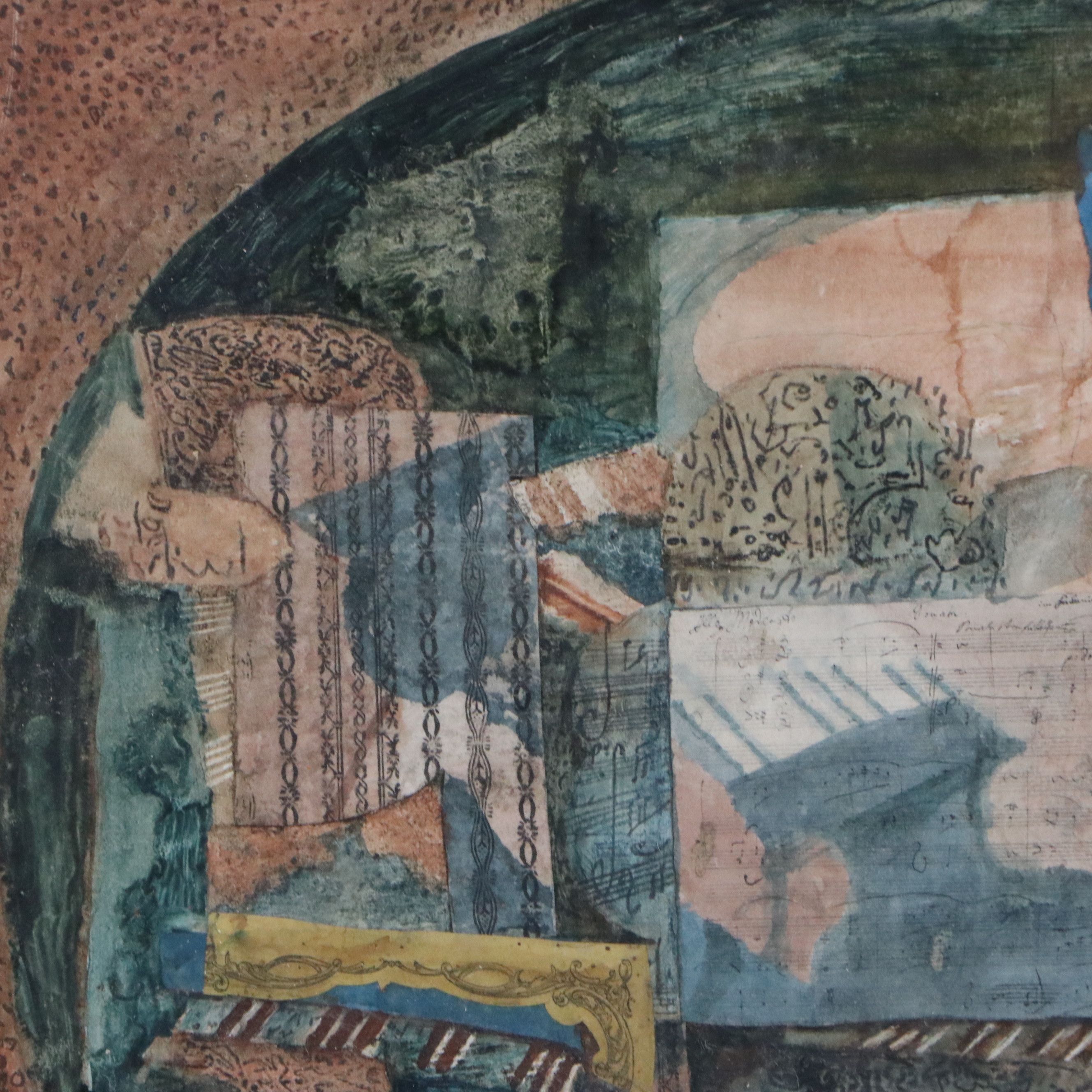 Watercolor Collage with Scrap Fabric, Wallpaper and Sheet Music, 1970