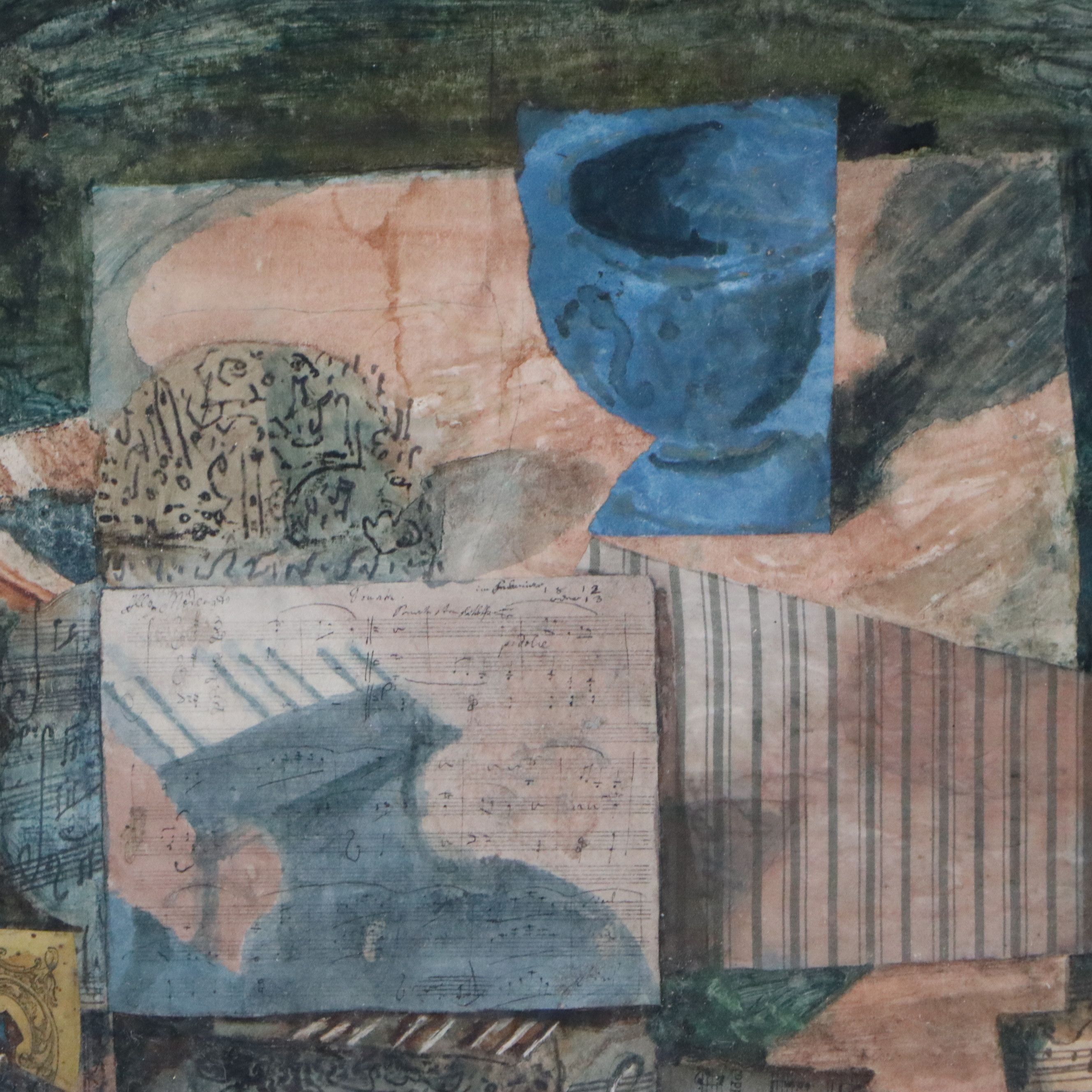 Watercolor Collage with Scrap Fabric, Wallpaper and Sheet Music, 1970